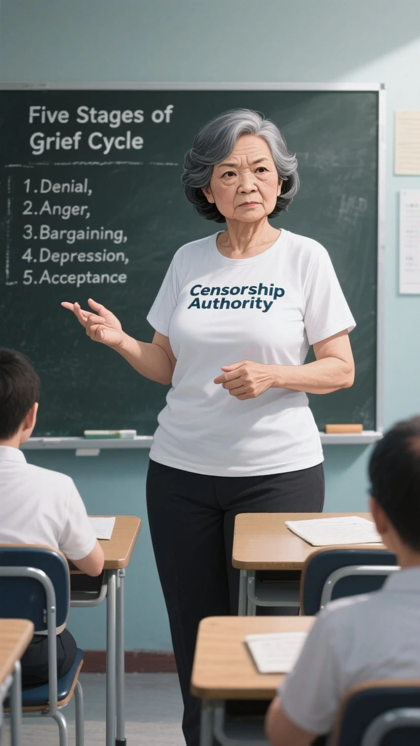 (masterpiece), back view, side of face, best quality, ((old man in blue suit)) stands beside (((???? ????? ???? ????? teen girl who has a detailed face and a paper hat on her head))) and has medium ?????? and ?????? and ??? and bun hair and headband and earring and and necklace and wristwatch, classroom setting, broom, crowd of men in school uniform in background , 