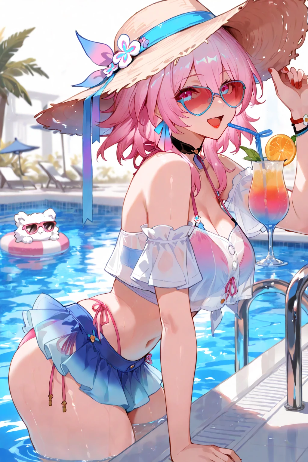 Adult minigirl, fairy, ((????????????)), ((bathing in a martini glass)), pink hair, ??????, score_9, score_8_up, source_anime,anime colored,1girl solo,minimum body fairy,full_body,minigirl,swimsuit,(bathing in the cocktail_glass,body in the blue clear_water of glass),the cocktail_glass filled by blue clear_water,(glass on the white table,outdoor garden),fairy wings,1dk, portrait