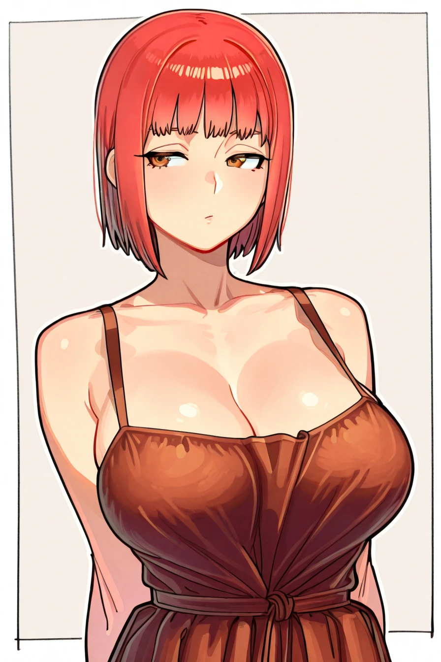 (masterpiece, best quality:1.3), CromWellB, 1girl, solo, looking at viewer, blushing, wide hips, cowboy shot, abs, mature female, closed mouth, seductive smile, large breasts, full body, thick thighs, <lora:CromWellB Style Lora:.8>, (red hair:1.2), (green eyes:1.2), curvy, short hair, thighhighs, topless, (nipples:1.2), hair over one eye, (white legwear:1.2), navel, arms up, armpits, highleg, areolae