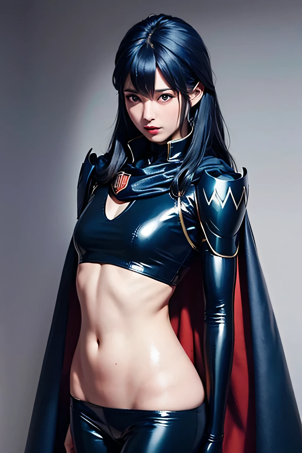 Hot girl, bkue hair, blue eyes, black super hero clothes like superman, blue glove, blue cape, cat ears