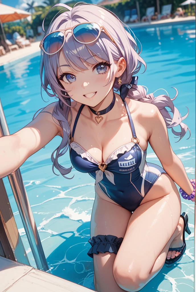 　High level image quality　best image quality　8K　 adult woman    pool party  rain　palm trees  more colors   whole body view　portrait　 bikini   　horn    ears  　short hair（（shortcut）（gray hair）（perm）（fluffy））　eye color is blue ,  , 　attractive evil face , smile   ,  sexy pose   ,  labrynth ,  barearm    , wearing pink shirt    , sitting on person by the pool , crossed legs  , all wet , wet hair 