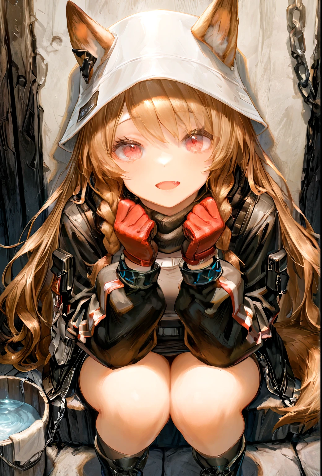 (best quality,highres,masterpiece:1.2),ultra-detailed, 1 girl, harmonious finger proportions, close up , close up view, Close-Up(CU), ceobe_\(unfettered\)_\(arknights\) , open mouth, fang, red eyes, brown hair , dog tail, dog ears, twin side braids , ears through headwear , bucket hat , black jacket ,red gloves , chain , black long shirt, black scarf,black socks , black_boots,