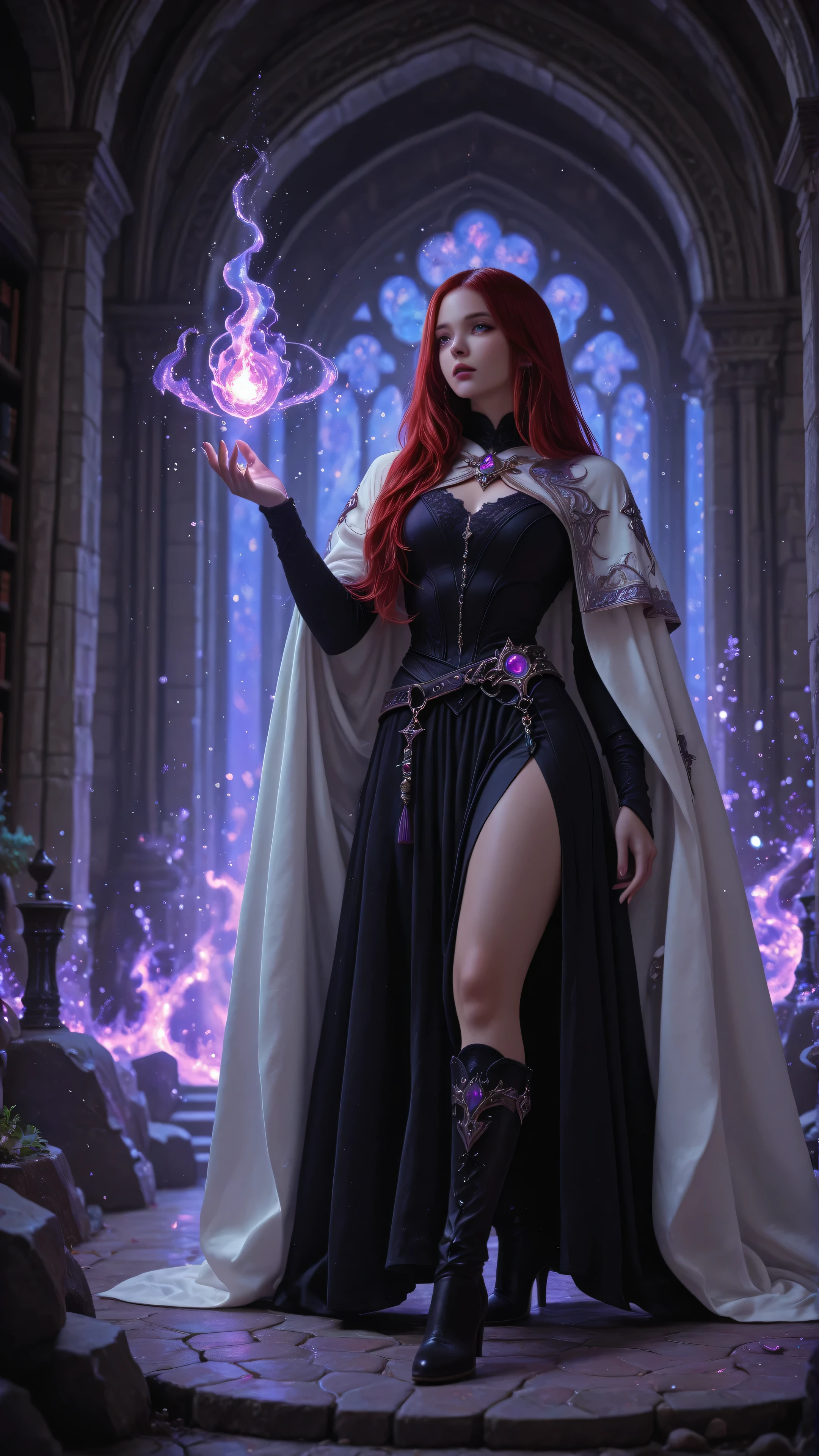aidmaMJ6.1,Aesthetic_PDXL,,Cinematic Shot,Film Still,Movie Still, a sorceress casting a Glowing Purple spell in magical library , exquisite beautiful human woman , red hair, long hair, long black dress, white cloak, high heeled boots ultra details, high details, best quality, 16k, ultra detailed, masterpiece, best quality, (extremely detailed), full body, ultra wide shot, fantasy art, dnd art,fantasy art, realistic art, Masterpiece, best quality) Glowing Purple