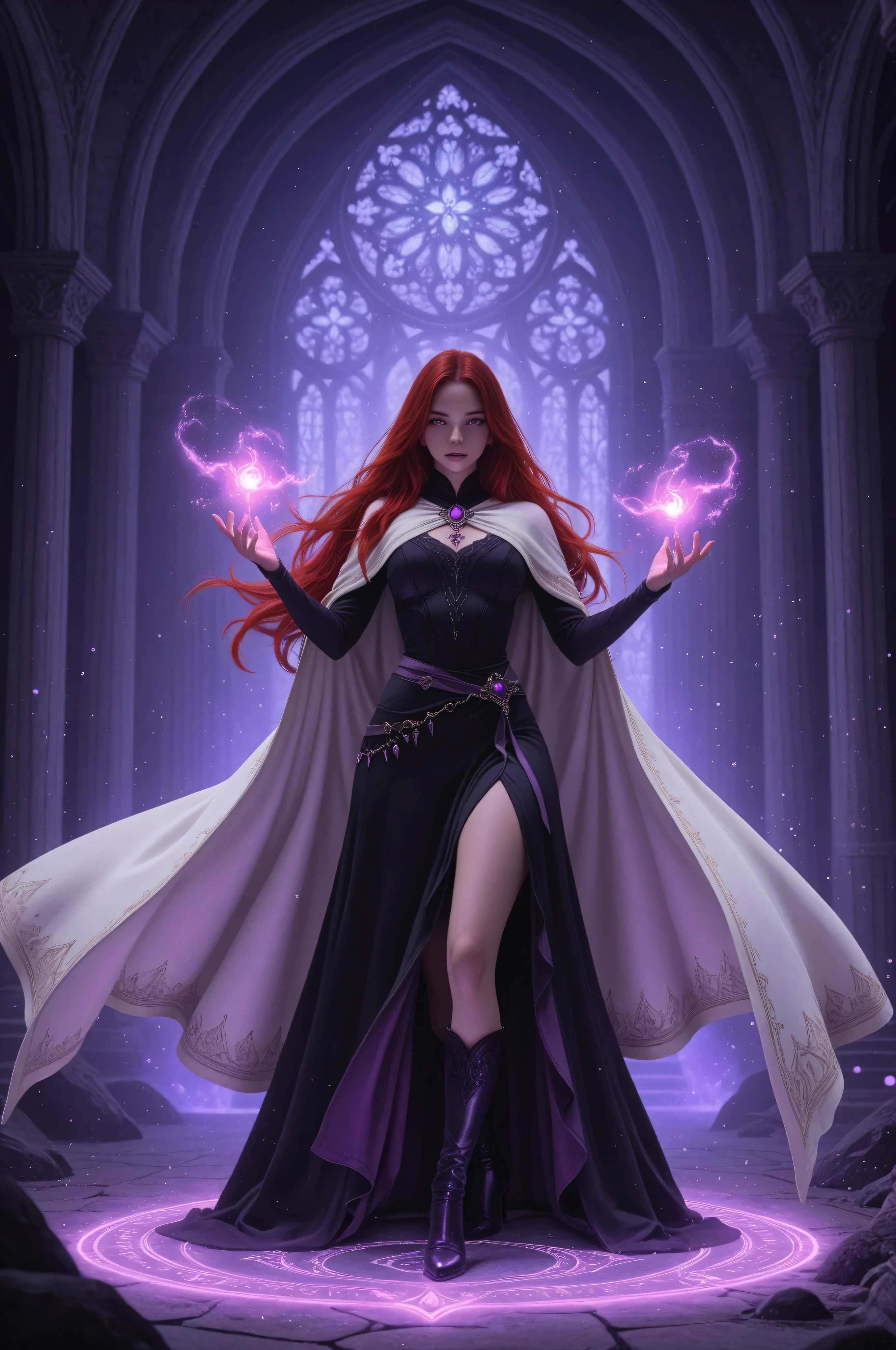 Aesthetic_PDXL,,Cinematic Shot,Film Still,Movie Still, a sorceress casting a Glowing Purple spell in magical library , exquisite beautiful human woman , red hair, long hair, long black dress, white cloak, high heeled boots ultra details, high details, best quality, 16k, ultra detailed, masterpiece, best quality, (extremely detailed), full body, ultra wide shot, fantasy art, dnd art,fantasy art, realistic art, Masterpiece, best quality) Glowing Purple