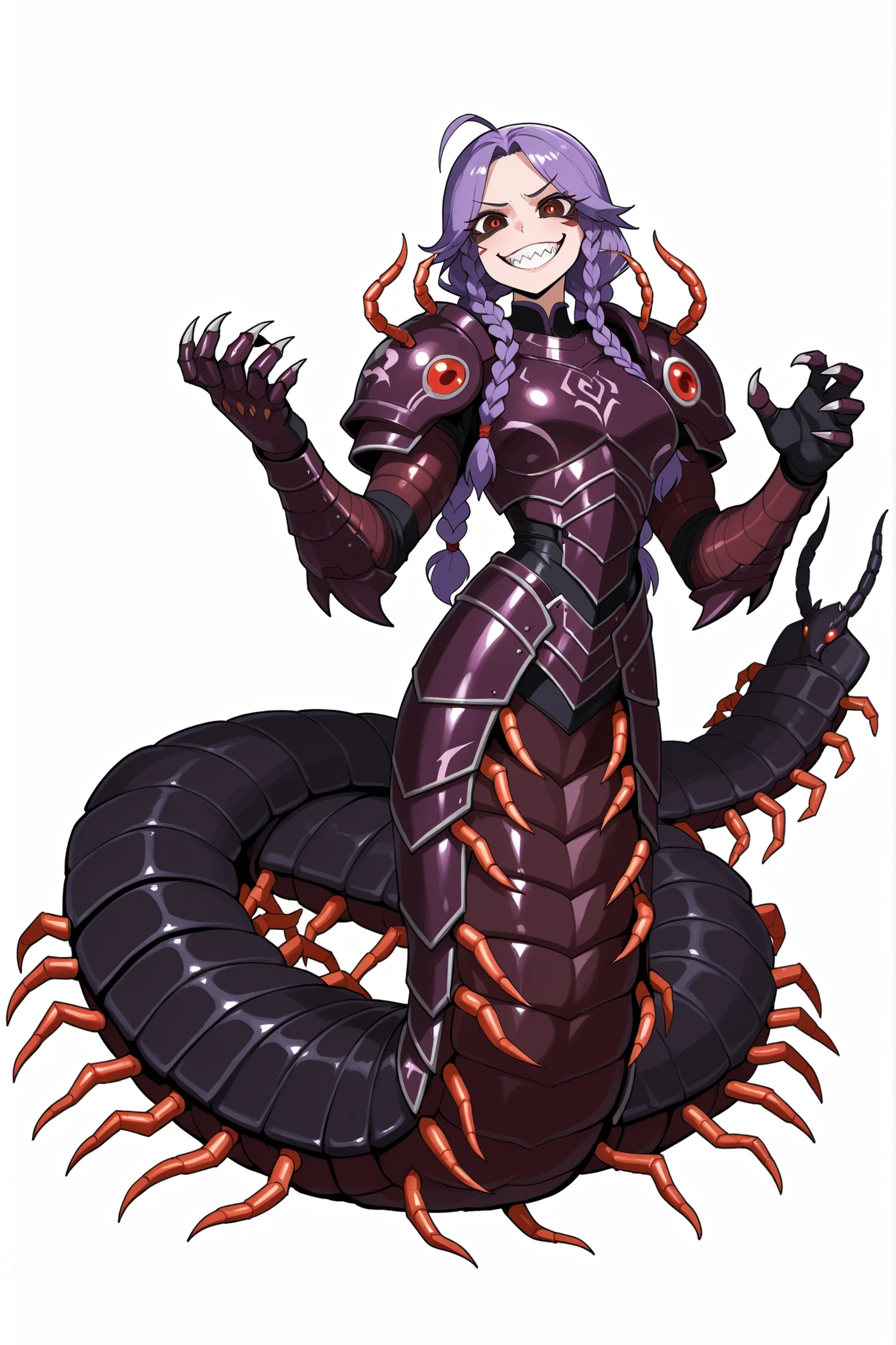 Monster girl. Braids. Purple hair. Villain eyes. Multiple eyes. Red pupils. Jagged mouth. Grin. Biological armor. Cyberchick. Lamia style. Centipede body. Centipede tail. Large arms. Armored hands. Sharp claws. White background.