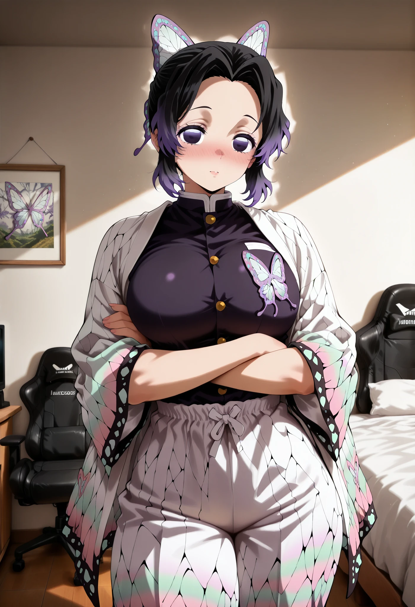 score_9, score_8_up, score_7_up, score_6_up, score_5_up, score_4_up, masterpiece, high quality, shiny skin, shiny hair, shiny body, clear body, large breasts, nose blush, nice legs, standing, nice legs, posing, SFW, looking at viewer, thick thigh, thick thighs, nice face, large breasts, solo, bedroom, posing, pose, contrapposto, detailed bedroom, bed, gaming chair, gaming pc, pants, pants, fully pants, ht_pajamas,laces, crossed arms, 1girl, shinobu kochou, animal print, black hair, butterfly, butterfly hair ornament, butterfly print, forehead, gradient hair, hair ornament, haori, multicolored hair, parted bangs, purple hair, short hair, two-tone hair,,