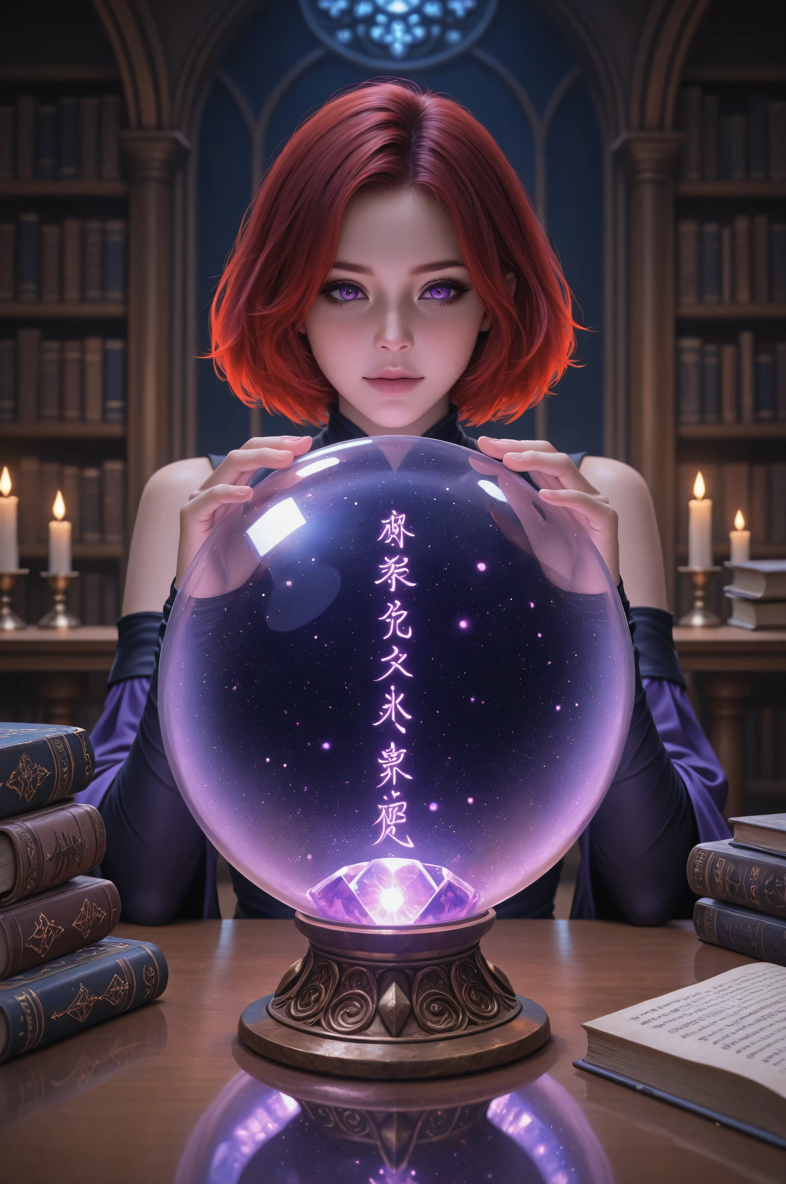Aesthetic_PDXL,Cinematic,Film Still,Movie Still, a picture of a human sorceress sittings in her magical lab, divining distant places in her crystal ball, epic beautiful human woman , ultra detailed face , red hair, short hair, dynamic dress, magical library, with many books, and magical runes and wards, glowing arcane sigils high details, best quality, 16k, best detailed, masterpiece, best quality, extremely detailed, photorealistic, fantasy art, RPG art, crystal ball on table, runes on crystal balls GlowingRunes_yellow, fantasy magical library background (best details, Masterpiece, best quality)