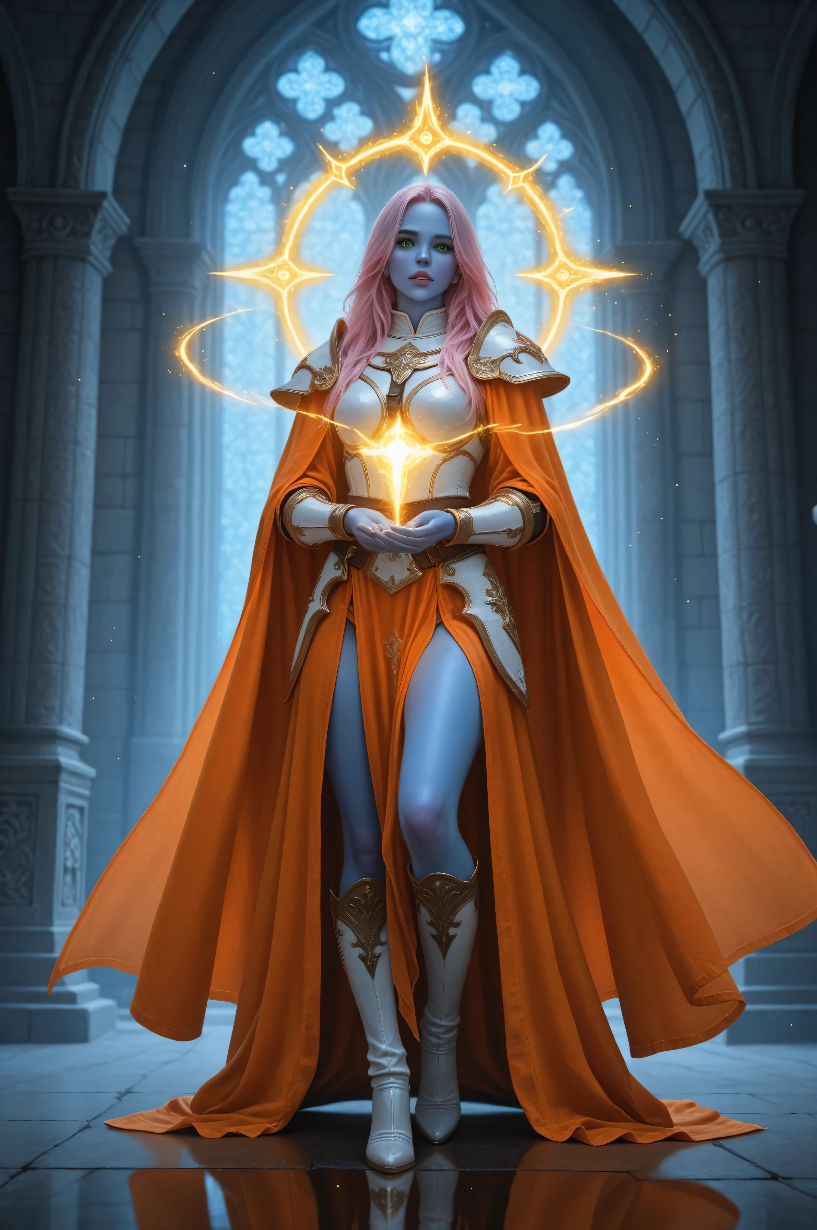 Aesthetic_PDXL,Cinematic Shot,Film Still,Movie Still,,fantasy portrait  art, dnd art, RPG art, wide shot, intense details, highly detailed, photorealistic, best quality, highres, portrait a female, ((blue skin)), intense details facial details, exquisite beauty, cleric, blue skinned female, pink hair, long hair, ((no ears), green eyes, casting yellow radiant spell, wearing heavy white armor, wearing high heeled boots, wearing an orange cloak, wearing glowing holy symbol, within fantasy temple background, reflection light, high details, best quality, 16k, [ultra detailed], masterpiece, best quality, (extremely detailed), close up, ultra wide shot, photorealistic, RAW, fantasy art, dnd art, fantasy art, realistic art,((best quality)), ((masterpiece)), (detailed), perfect face, art by mooncryptowow