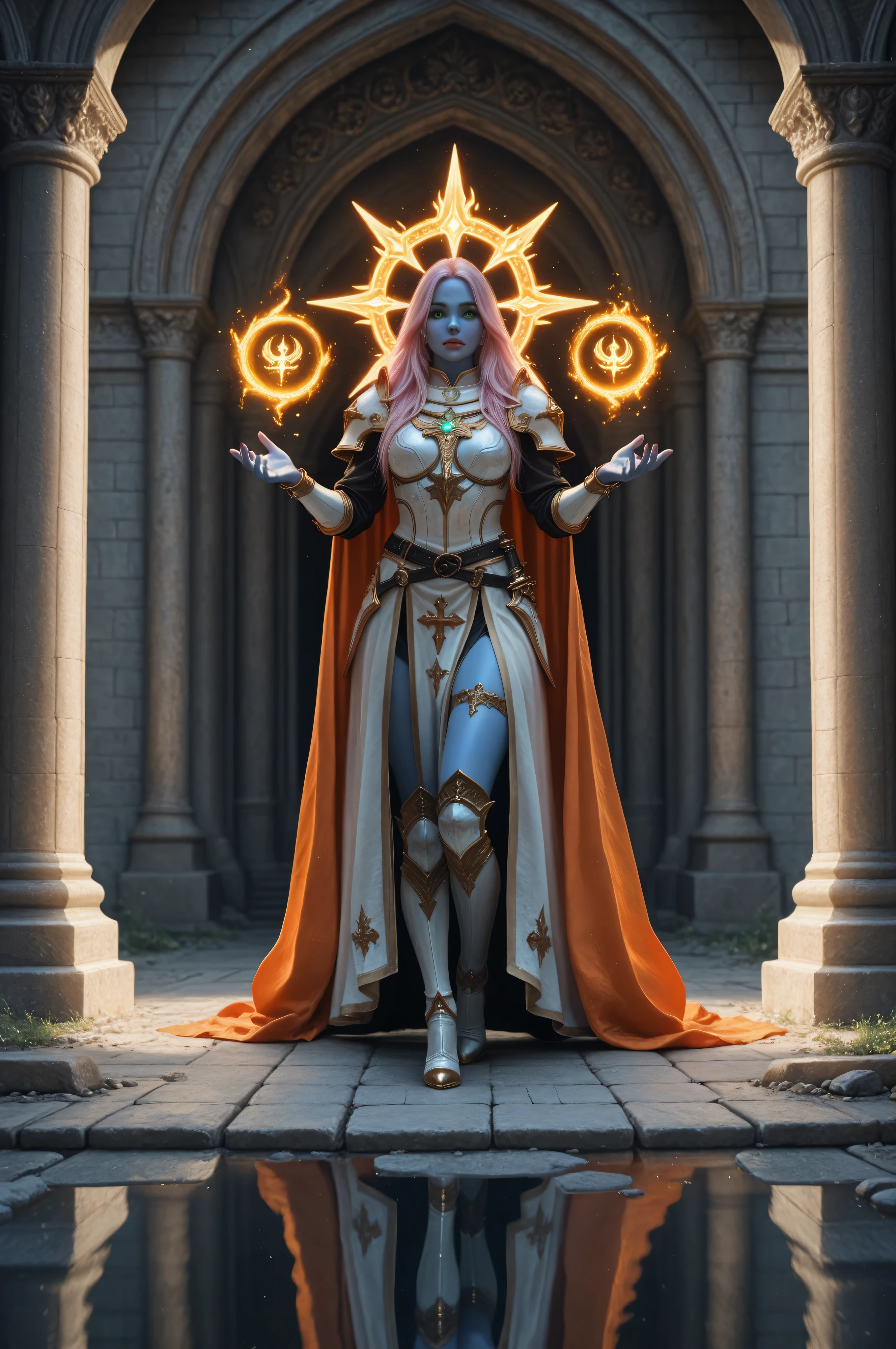 masterpiece, best quality, very aesthetic, absurdres,,fantasy portrait  art, dnd art, RPG art, wide shot, intense details, highly detailed, photorealistic, best quality, highres, full body picture a female, ((blue skin)), intense details facial details, exquisite beauty, cleric, blue skinned female, pink hair, long hair, ((no ears), green eyes, casting yellow radiant spell, wearing heavy white armor, wearing high heeled boots, wearing an orange cloak, wearing glowing holy symbol, within fantasy temple background, reflection light, high details, best quality, 16k, [ultra detailed], masterpiece, best quality, (extremely detailed), close up, ultra wide shot, photorealistic, RAW, fantasy art, dnd art, fantasy art, realistic art,((best quality)), ((masterpiece)), (detailed), perfect face, art by mooncryptowow