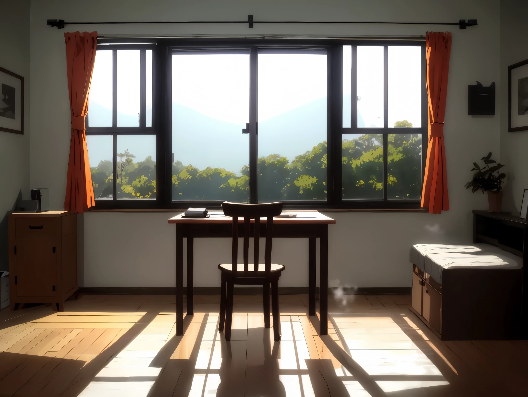 A quiet room before dawn。
The light blue and orange sunrise shines through the window、
notebook and fountain pen on the wooden desk、Steaming Coffee。
The surroundings are quiet and tidy、The feeling of air symbolizing calm alone time in the early morning。
Realistic、High Resolution、soft natural light、minimal and peaceful。