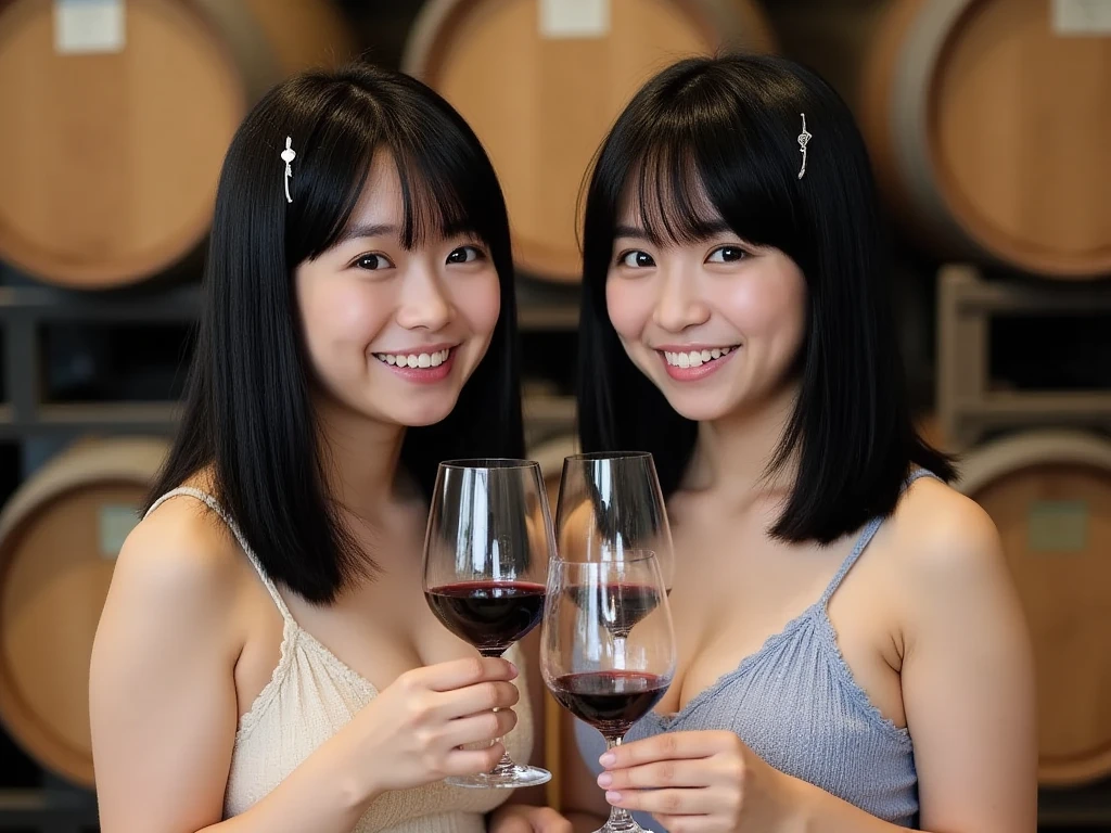 ((Highest quality、8k、masterpiece:1.3))、1 male 1 female、42 years old 44 years old、Slim Beauty、Beautiful couple、smile、 (Slim face), (The body is スリム), (Brown Hair), (Shortcuts), テーブルのフルコースディナーとwine glass、Amazing view of the sunset sky and clouds、smileの美しさ、Wine bottle、sparkling wine、Long sleeve shirt、dress、White wine, red wine, wine glass, 