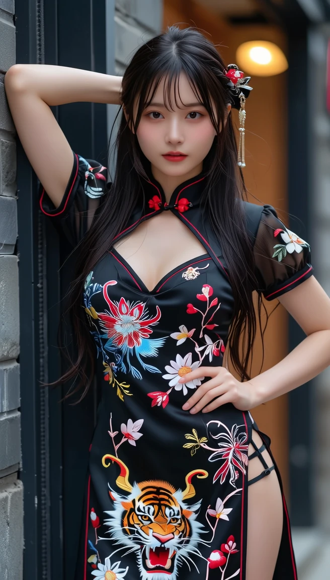 Envision a captivating scene featuring a 28-year-old brunette woman exuding both strength and elegance. She wears a stunning Qipao (Cheongsam) with a modern twist — a striking design element of large, bold slits that add a touch of allure to the traditional attire. Her hair is elegantly styled in two sophisticated buns, and she confidently strikes a Kung Fu pose against the backdrop of a serene setting reminiscent of the Shaolin Temple. Capture the essence of her poised demeanor, the vibrant colors of the Cheongsam, and the dramatic effect of the slits, creating a harmonious blend of tradition and contemporary flair in this visually compelling depiction. ((最高品質、8K、傑作:1.3))、鋭い焦点:1.2、(本物、photo本物istic:1.37)、(シャイニングスマイル:1.2)、顔の美しい女性、28歳、尖った胸、長いまつ毛、カラーコンタクトレンズ、大きな胸 、繊細な、非常に細かい目、非常に詳細な眉毛、（鋭い眉毛）、（薄い眉毛）.非常に詳細な顔、(((美しい太もも:1.3)))、((美しい胸:1.3)、Capture the authenticity of her double buns、全身姿、((中国少林寺の背景:1.4))