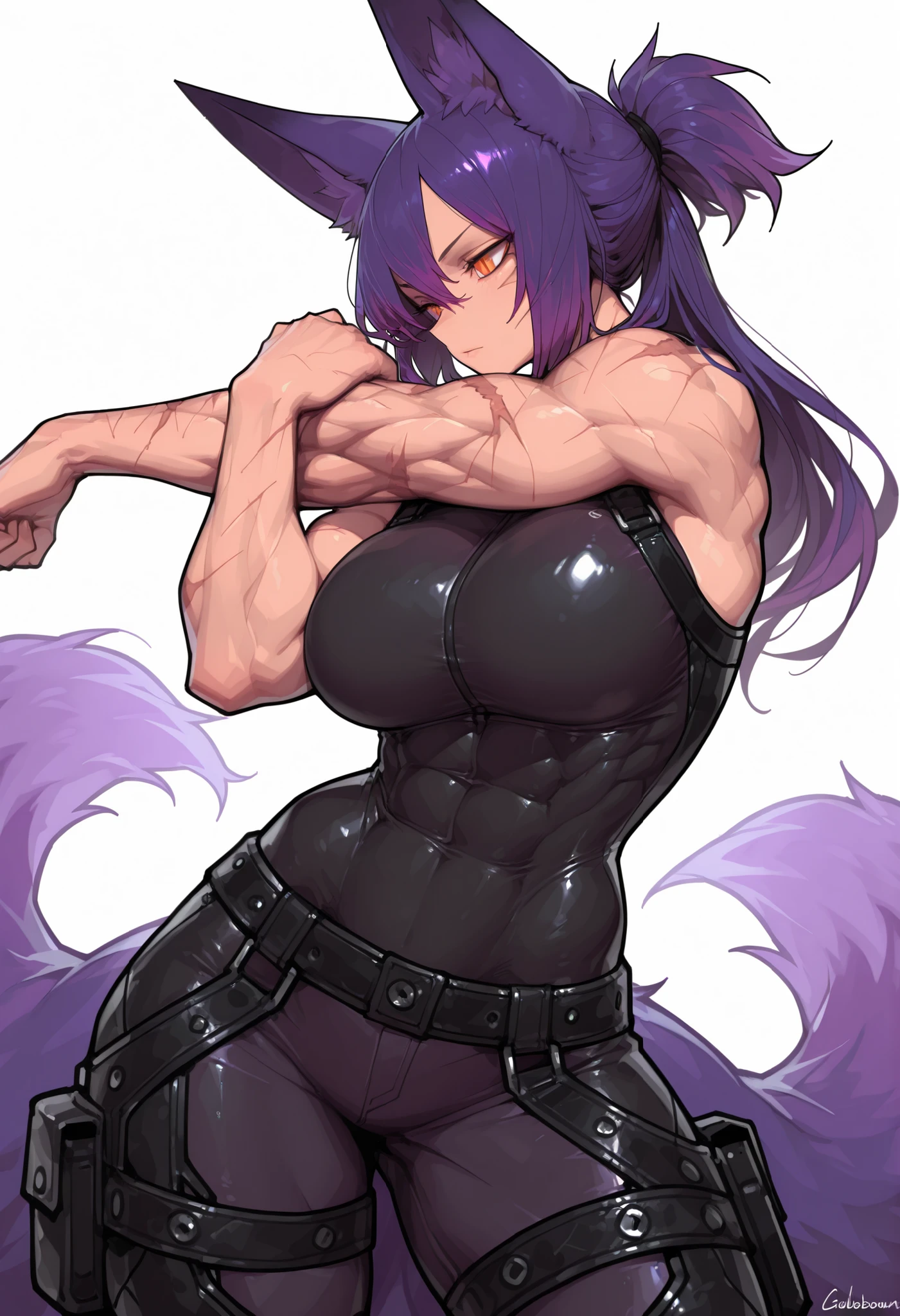 gorgeous kitsune girl, beautiful face, kitsune, purple color hair, hunter girl, orange eyes, slit pupils, detailed eyes, personalami style, volputrous body, covered breasts, curvy and athletic, kitsune ears, hair tied in a ponytail, lean muscles, black bodysuit, pants, leather armor, bare arms and neck, scars on arms, light abs, calm, lean muscular arms and legs, athletic body, kitsune ears, dominant expression, masterpiece, ultra definition, simple white background, fantasy character, detailed face, mystical atmosphere, dynamic combat pose, stretching