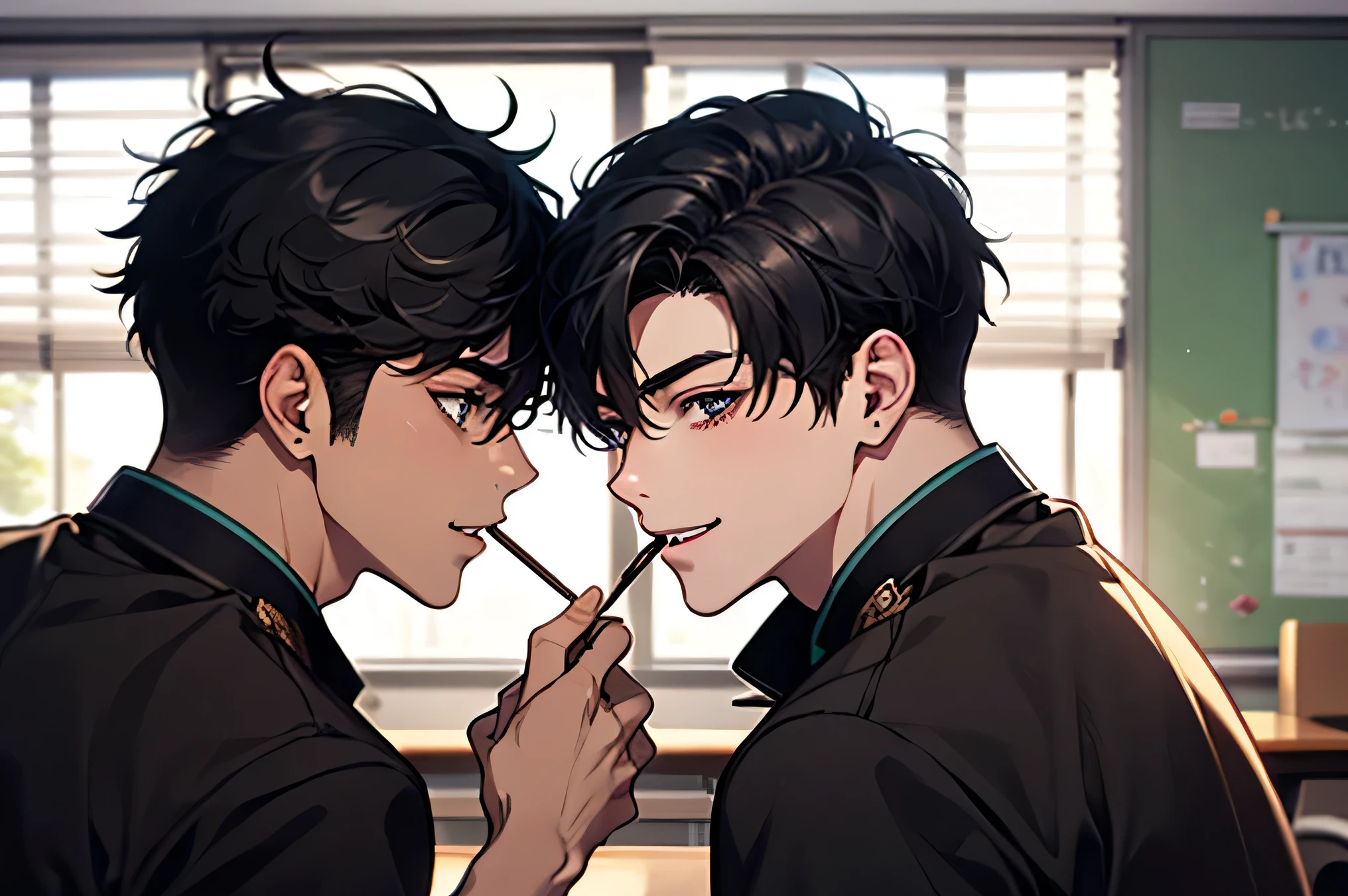 high school boys male teacher short hair black hair Men's Uniform Two men face each other Two men stare at each other Smile Yan classrooms man eats one Pocky from both ends shy face