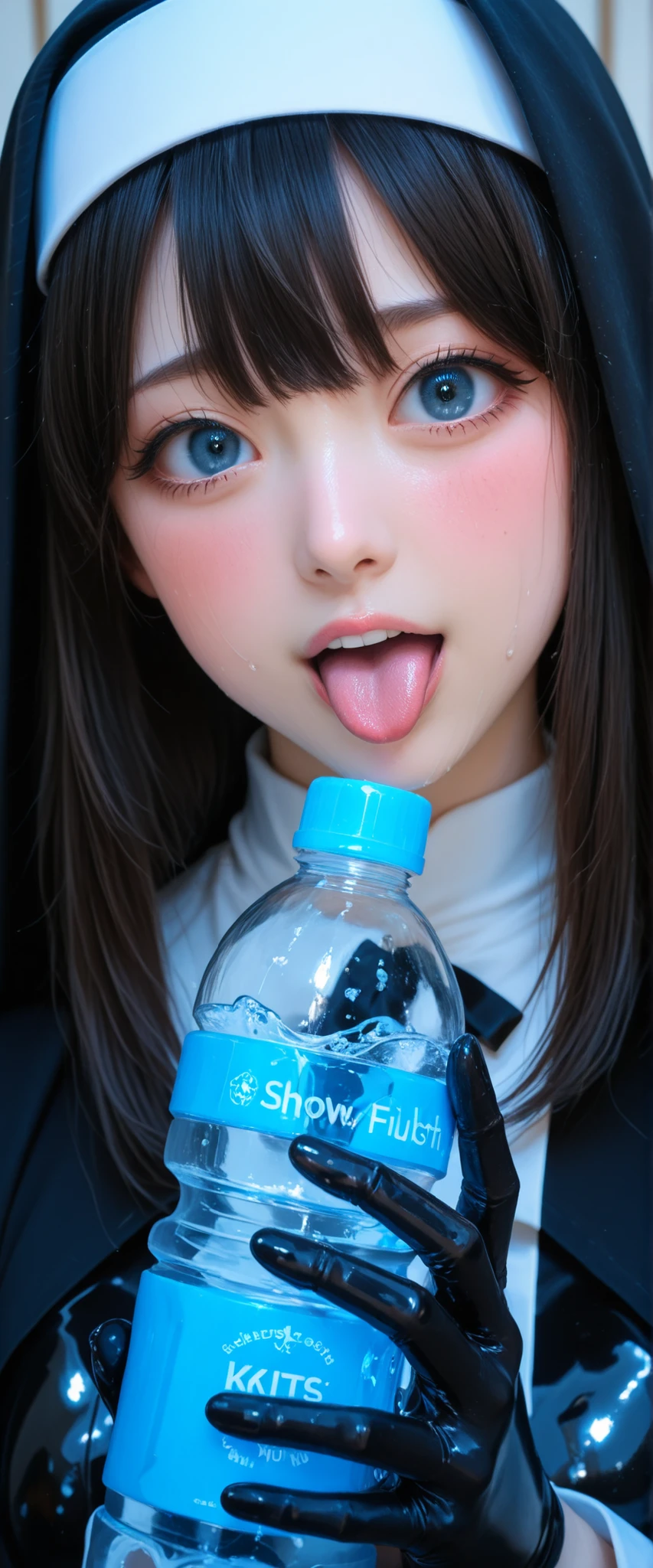 A girl in a black nun's outfit is holding a black latex water bottle. She's nervous and shy, show off licking side of bottle,
<KY_0002, glowing,