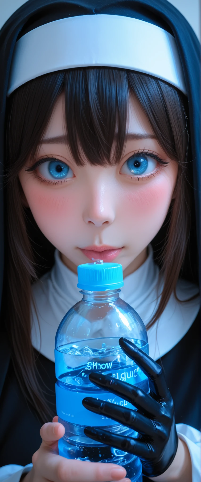 A girl in a black nun's outfit is holding a black latex water bottle. She's nervous and shy, show off vacuum fellatio bottle,
<KY_0002, glowing,