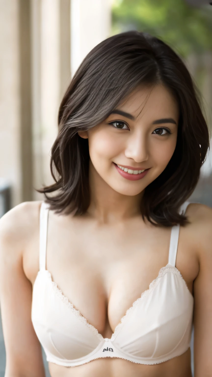 (high image quality、 reality、 A masterpiece like no other :) Table Top, or higher, shape, very detailed, is fine, High fines、, 8K Wallpaper, 完璧なダイナミックな構shape, Beautiful Eyes with Attention to Details, Golden Ratio Beautiful Face、beautiful legs、mischievous smile、 white panties、Brand bra、、Unknown Big Breasts、dark hair、、has a wide thigh opening、sitting、 Beautiful Women、long bob hair、bang、 、 Excellent concentration 、Open Chest、church