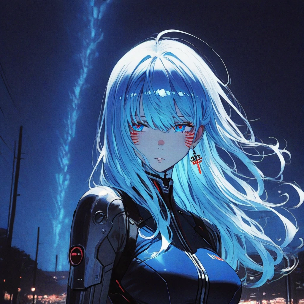 Top quality, high resolution, perfect human structure, from above, glowing hair, cat ears, blue hair, near future, neon colors, colorful, sunset, standing, bangs pinned back, combat uniform, determined, glowing eyes, city,