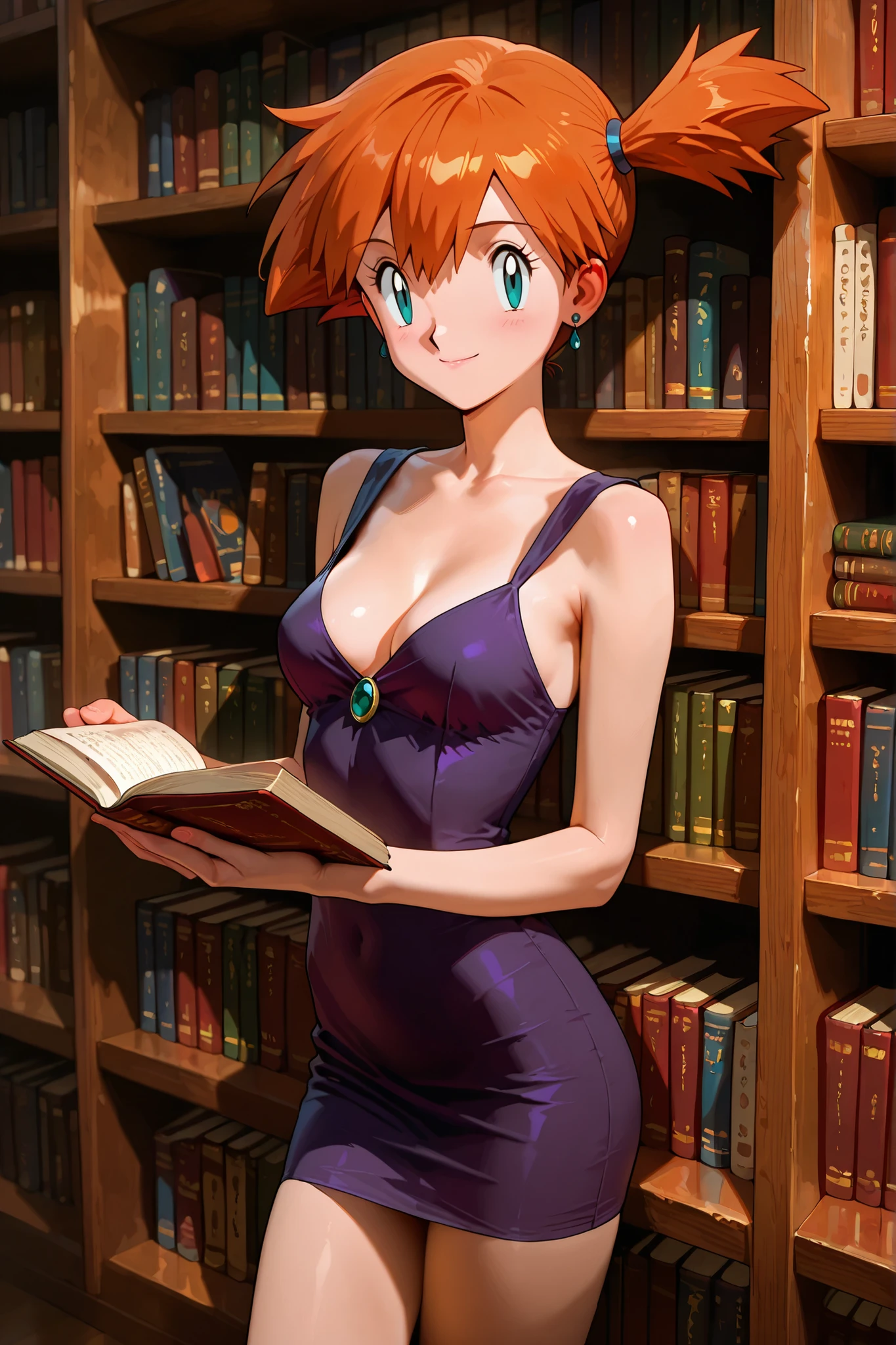 masterpiece, amazing quality, best quality, ultra-detailed, 8K, illustration, ultra-detailed-eyes, soft skin, very awa, very as2, soft body, 1990s \(style\), official art, misty \(pokemon\), side ponytail, aqua eyes, small breasts, skinny, hair intakes, mature female, dress, cleavage, jewelry, earrings, short dress, purple dress, bare shoulders, collarbone, smile, library, books, shelves, reading, quiet, cowboy shot, solo, looking at viewer