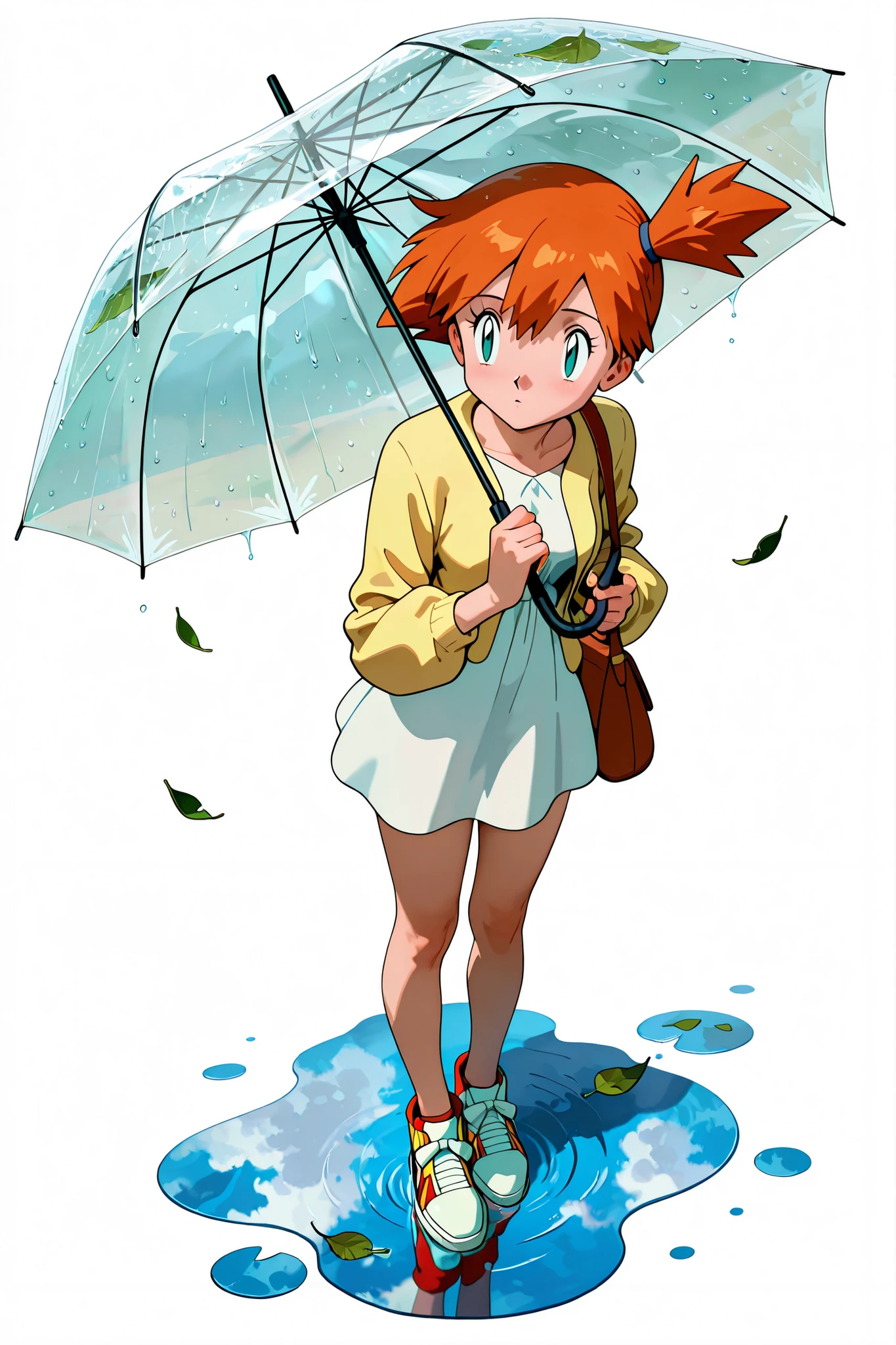 masterpiece, amazing quality, best quality, ultra-detailed, 8K, illustration, ultra-detailed-eyes, soft skin, very awa, very as2, soft body, 1990s \(style\), official art, misty \(pokemon\), side ponytail, aqua eyes, small breasts, skinny, cardigan, dress, falling leaves, from above, full body, holding, holding umbrella, leaf, long sleeves, puddle, reflection, shoelaces, shoes, shoulder bag, simple background, sneakers, solo, standing, transparent, transparent umbrella, umbrella, white background, white dress, white shoes, yellow cardigan