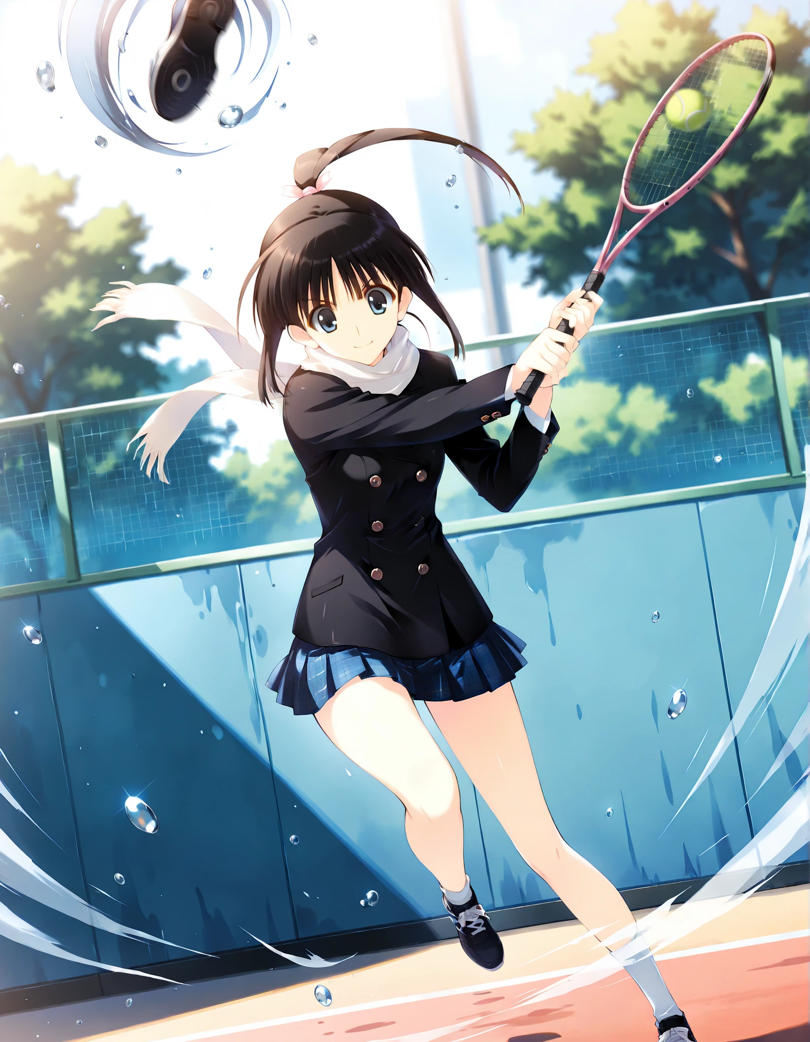 masterpiece,best quality,good quality,newest, outdoors,day, smile, looking at viewer, solo, anime coloring, sugiura_koharu\(white_album_2\),1girl,black hair,ponytail,hair ribbon,blue eyes, white scarf,black jacket,double-breasted, plaid_skirt,pleated_skirt,blue skirt,solo focus, full body, long shot,((Dynamic pose,High solution,. her hair is floating in the air, Reflecting agile movements, Contrasting colors enhance the lively atmosphere of the scene, The speed effect of moving lines adds an anime touch to the action)), (((Motion Effect))), (Like a subtle blur),fighting stance,((condensation)),,(( blurry)), {water drop:0.6},,(((melancholy))),holding tennis racket , tennis , smile , outstretched arm , tennis ball hitting,((Dynamic pose,High solution,. her hair is floating in the air, Reflecting agile movements, Contrasting colors enhance the lively atmosphere of the scene, The speed effect of moving lines adds an anime touch to the action)), (((Motion Effect))), (Like a subtle blur),running