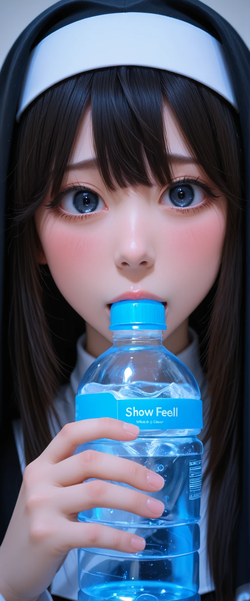 A girl in a black nun's outfit is holding a black water bottle. She's nervous and shy, show off vacuum fellatio bottle,
<KY_0002, glowing,