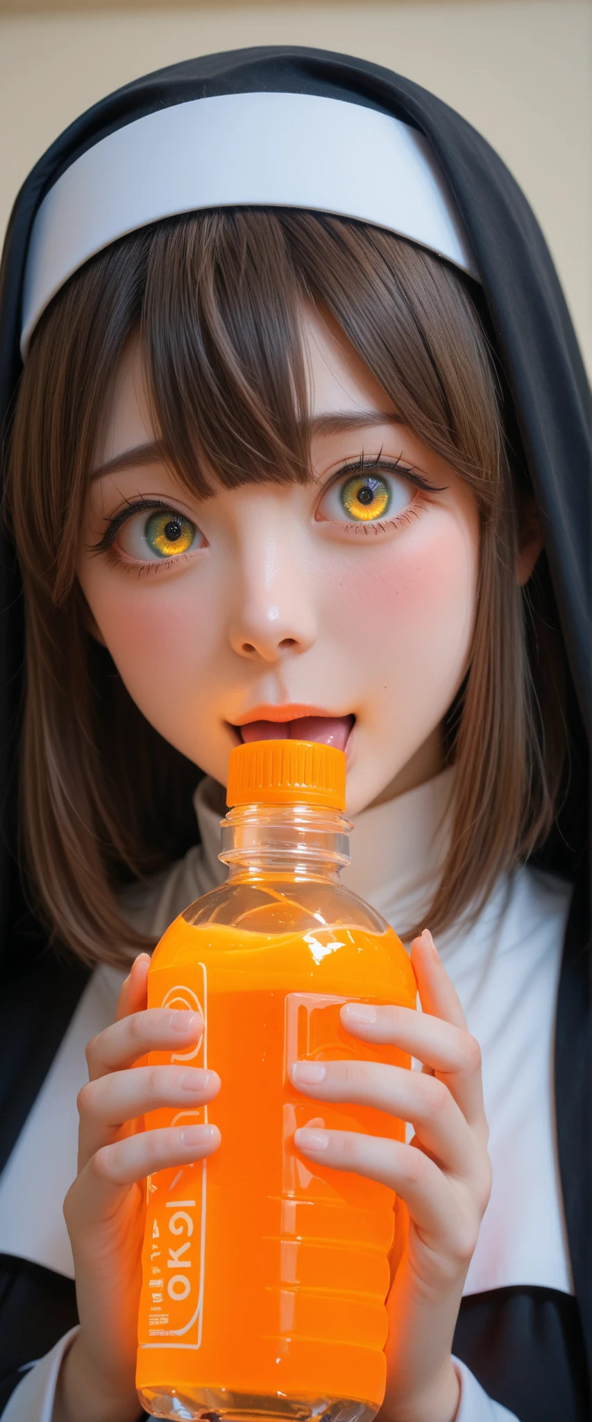 A girl in a black nun's outfit is holding a orange water bottle. She's nervous and shy, show off eating as vacuum fellatio bottle,
<KY_0002, glowing,