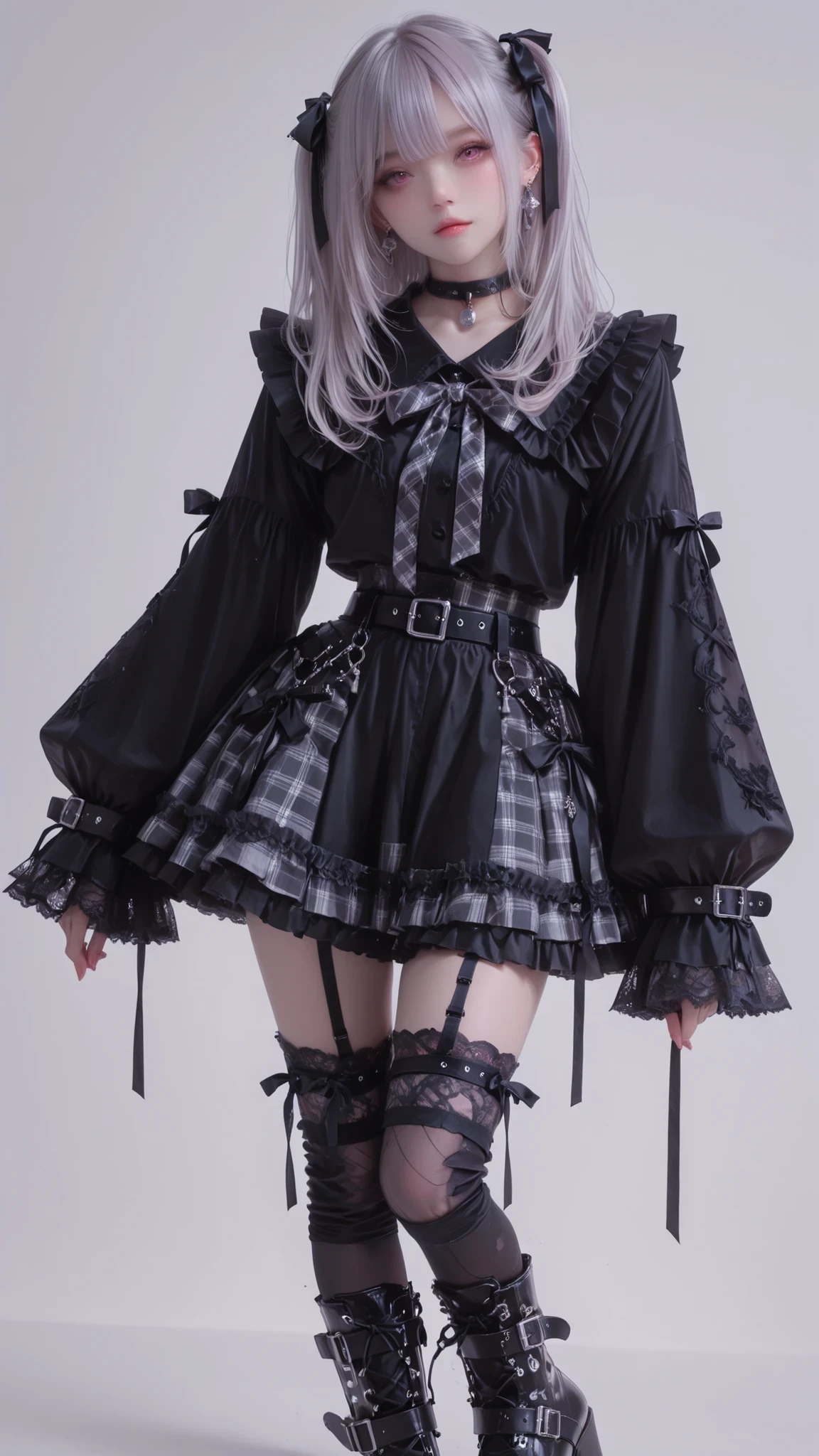 (finely best quality illustration:1.2), (1girl, solo:1),beautiful skin,perfect eyes,Jewelry eyes,  (black gothic cropped frilled blouse with long sleeves and ruffle cuffs, small pink ribbon bow at neckline, lace-up ribbon details on sleeves, black choker collar with silver charm, black layered ruffled mini skirt with subtle plaid pattern and lace hem, double studded belts with hanging silver chains, black thigh garter straps over fishnet thigh-high stockings, black leg warmers with pink lace-up ribbons, black platform boots with chunky heels and pink laces)
