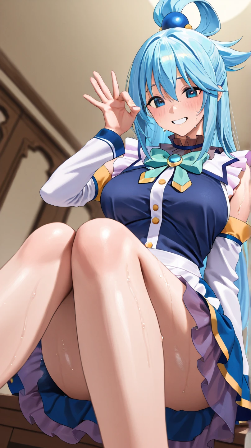 (Best quality)), ((masterpiece)), (Very detailed), A high resolution, perfect face, , attractive, looks at the viewer, smile, ((8 thousand.)), Mid thighs, big , Aqua Konosuba, behind, a gift, spreads the  with his hands, nice , dynamic angle,(from below:1.5),perfect , Visible , no panties