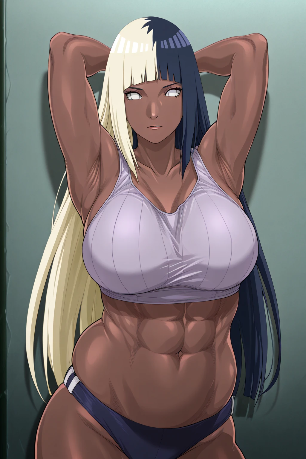 anime waifu bodybuilder, cute face, serious face, perfect body, fit body, abdomen, ?????????????, muscular, A2 de nier automata