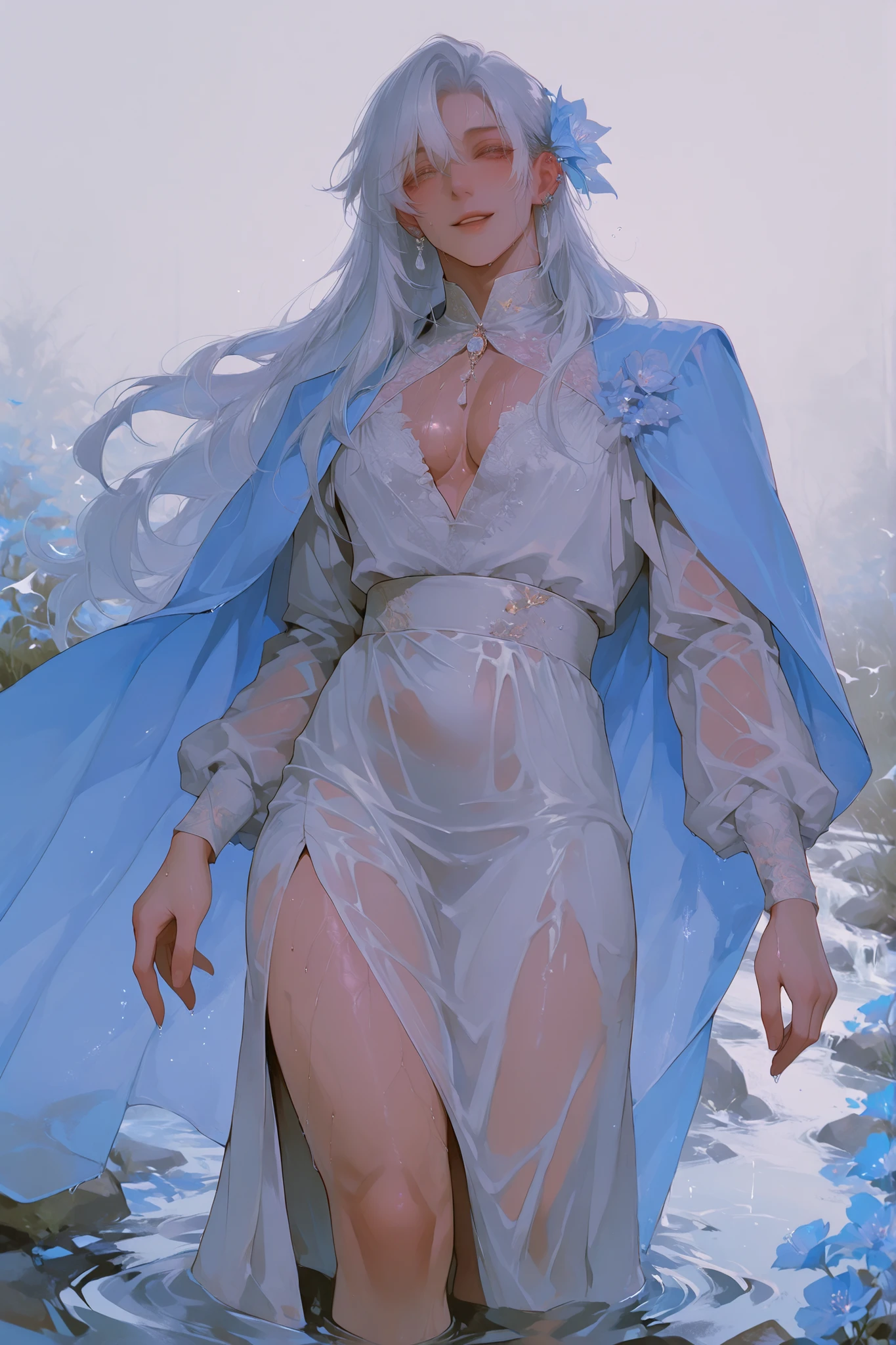 Top to bottom angle.(Only a man) a chubby man, very long white hair flies gently,   Young man Beautiful Face , shirt,  beautiful male body,    soft skin ,    soft body    ,large pectoral muscles ,  Toned hips , tender eyes, smiling happily,  wearing an evening dress  , dress , light blue cape. stream background. , High wind, standing in the middle of the stream, wet skirt, water inverted , dance , free hand spread, twirl. flowers in hair , ear piercings. Gemstone Jewelry. 