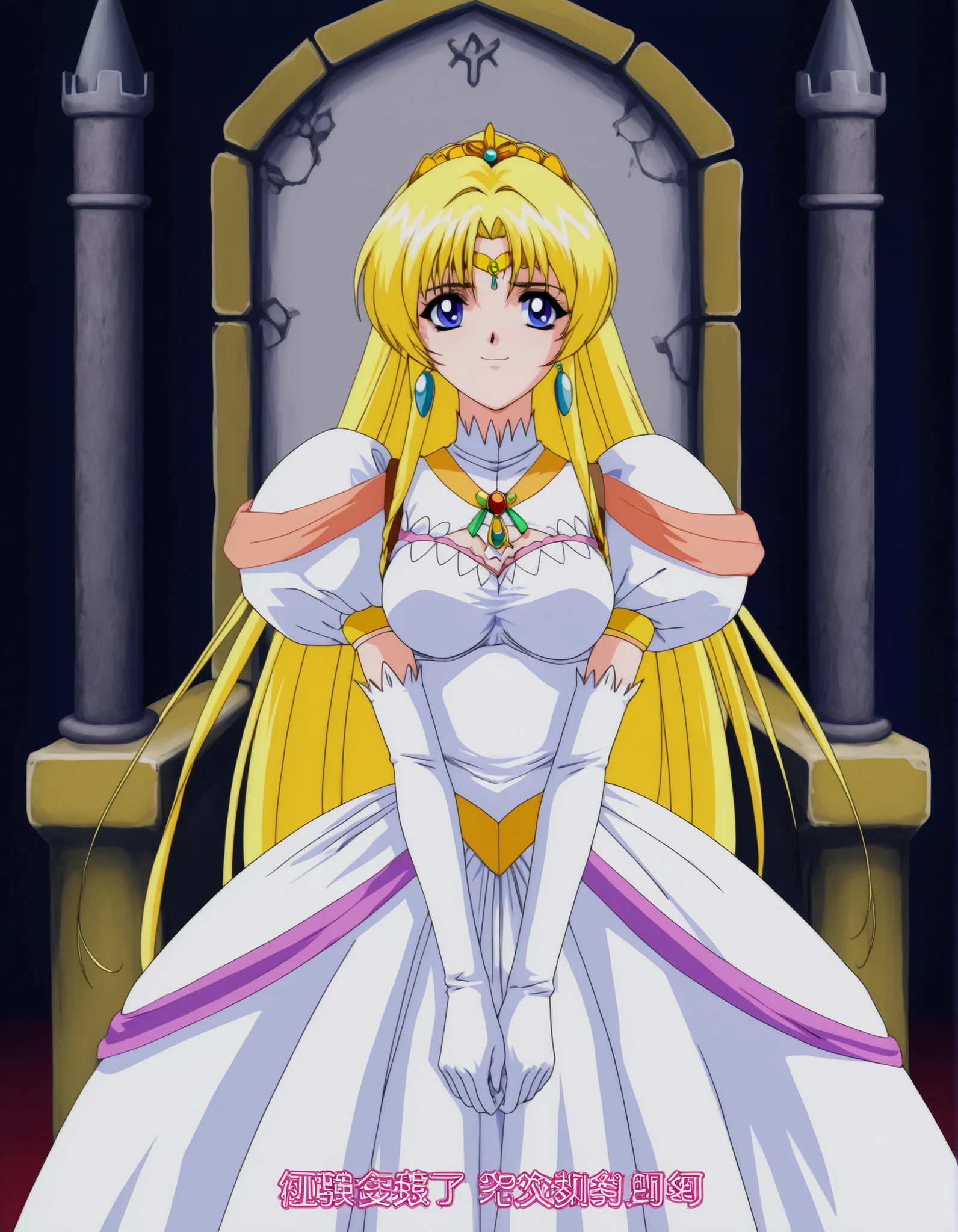 score_9, score_8_up, score_7_up,anime_screenshot,OFFICIAL ART,anime coloring, official anime artwork, screencap, anime screencap,uncensored,retro artstyle,1990s_\(style\), ,BREAK,1girl,solo,mai_npprincess,very_long_hair,blonde_hair,blue_eyes,
,BREAK,circlet,earrings,princess,white_dress,cleavage cutout,elbow_gloves,white_gloves,BREAK,small smile,BREAK, standing,v-arms,BREAK,cowboy shot,fantasy world,indoor,castle,throne room