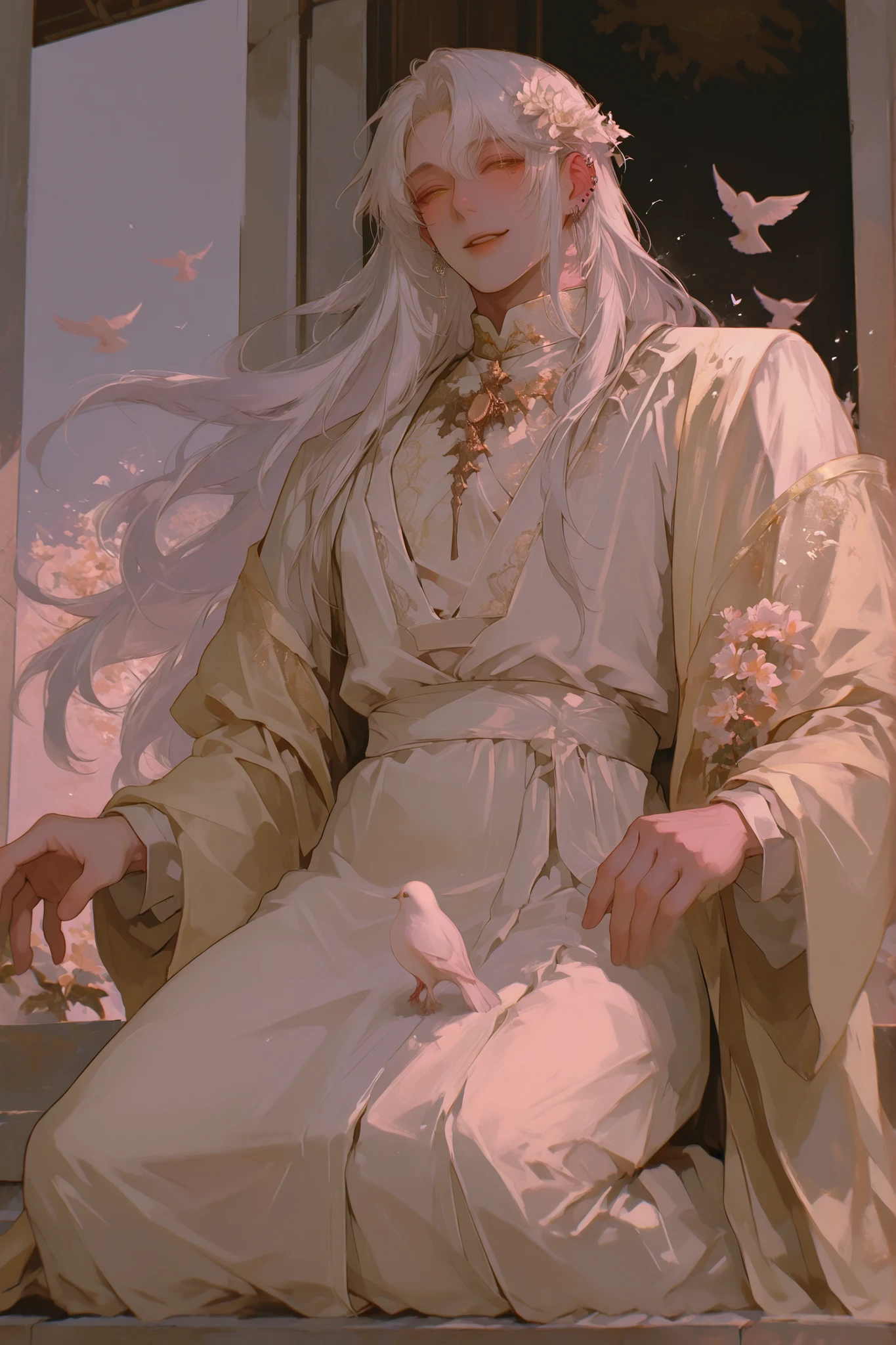 Top to bottom angle.(Only a man) a chubby man, very long white hair flies gently,   Young man Beautiful Face , shirt,  beautiful male body,    soft skin ,    soft body    ,large pectoral muscles ,  Toned hips , slightly bowed, tender eyes, smiling happily,  wearing an evening dress  , dress , light yellow robe. temple background, High wind, kneeling on a stone pedestal , two hands raising a dove. flowers in hair , ear piercings. Gemstone Jewelry. 