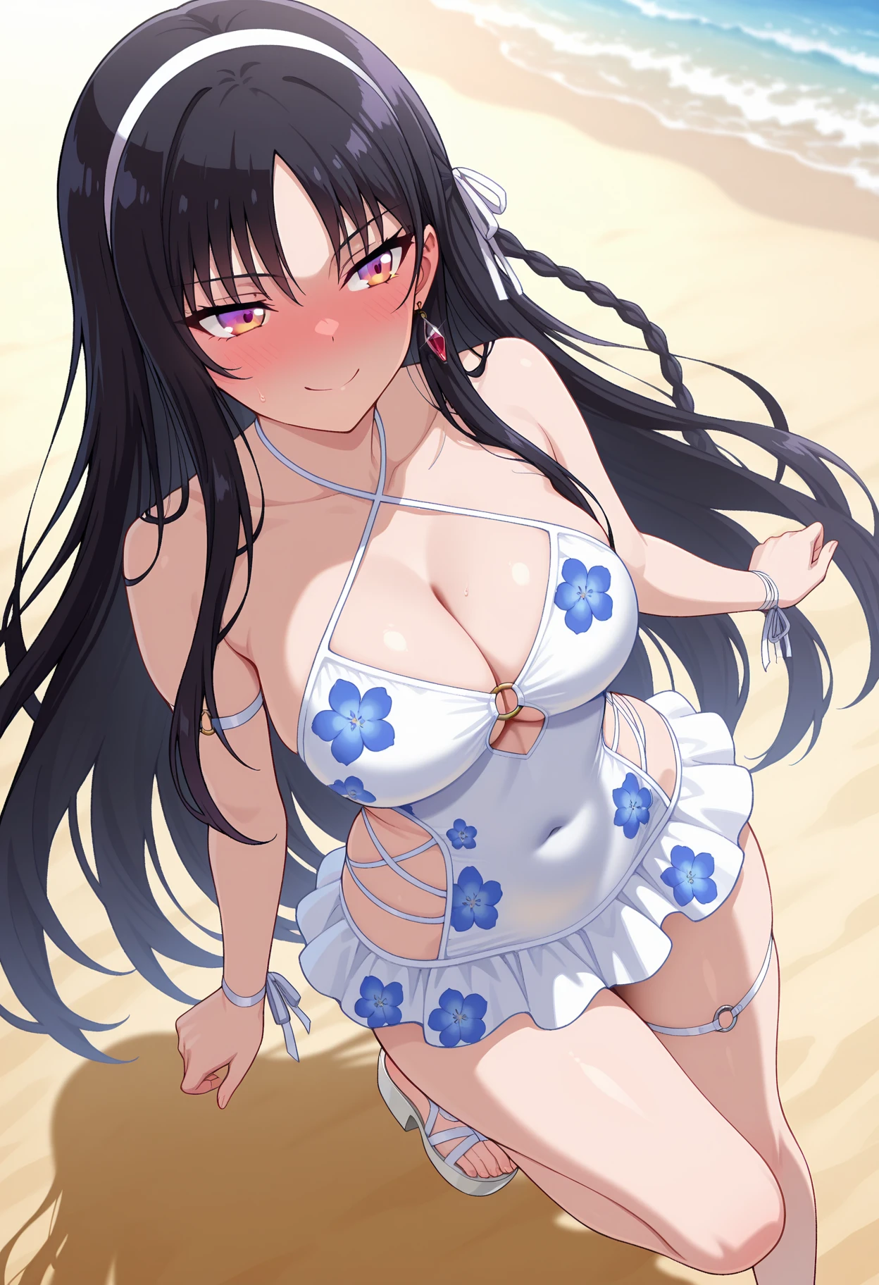 an anime style painting of a woman with very large breasts holding baskets, 1girl, breasts, solo, flower, black hair, underwear, blue eyes, outdoors, hair ornament, long hair, bra, looking at viewer, huge breasts, gigantic breasts, bangs, cleavage, jewelry, shiny, earrings,see-through dress