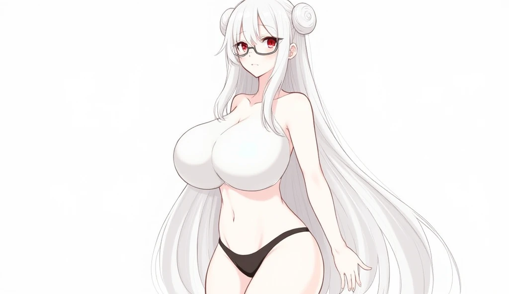1girl,solo,long hair,looking at viewer,red eyes,glasses,,navel,hair bun,piercing,,ahoge,white background,sketch,midriff,twintails,looking at viewer,navel piercing,simple background,double bun,white hair,ear piercing,,extreme aesthetic,masterpiece,best quality,newest,very aesthetic,absurdres,simple background,