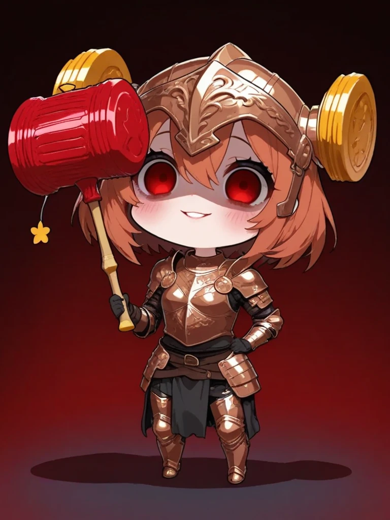 (masterpiece, best quality:1.2), chibi, kawaii, 1girl, ultra chibi, super deformed, 1 head tall, yandere, copper-plated crop armor, toy hammer