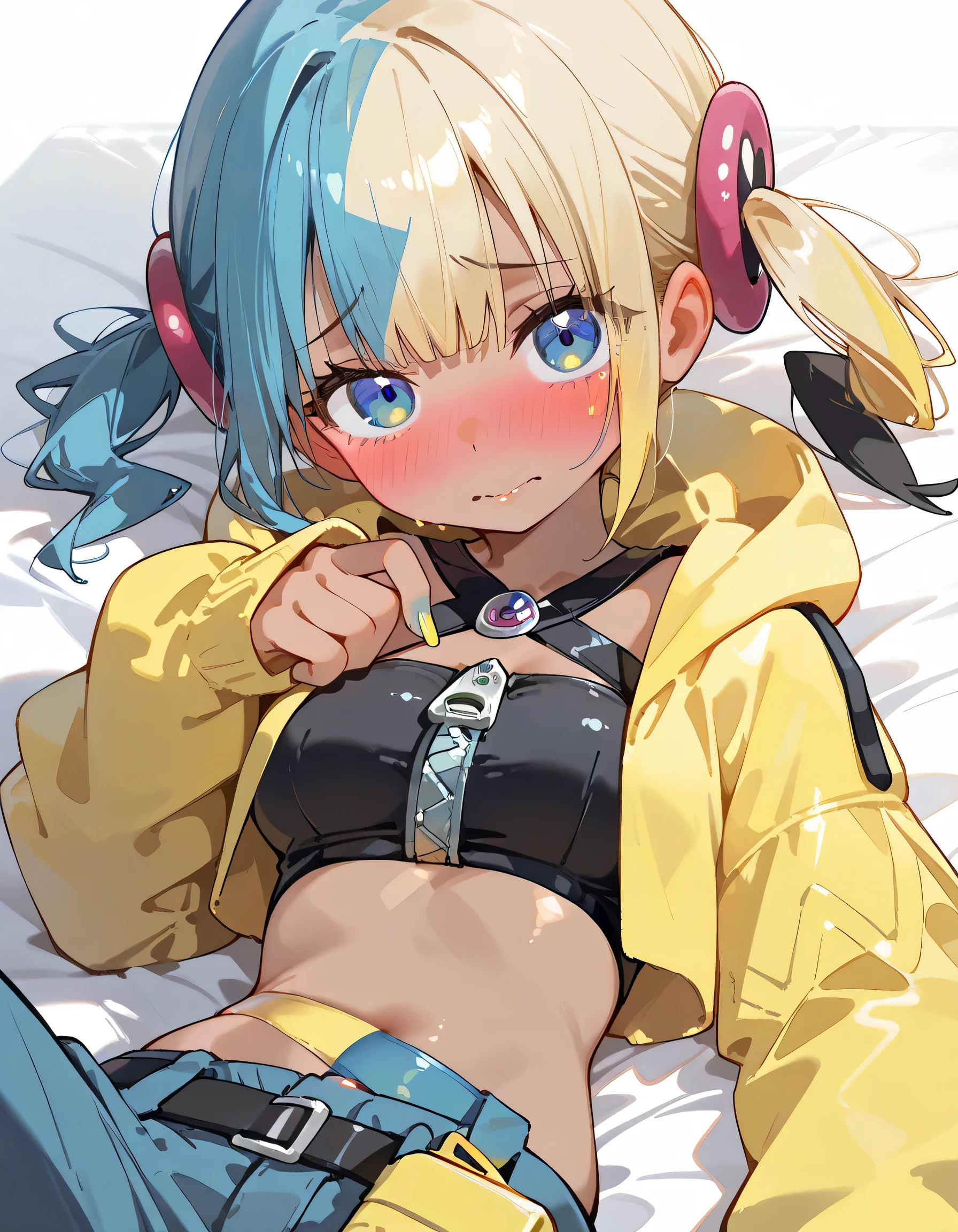 from above,lying on electric mark design bed,solo,1girl,canari, dark-skinned female, multicolored hair, two-tone hair, blonde hair, blue hair, twintails, blue eyes, hair ornament, Embarrassed, blushing, impatient, yellow jacket, hooded jacket, open jacket, long sleeves, sleeves past wrists, yellow bandeau, crop top, midriff, zipper, nail polish, yellow nails, blue nails, pants, pouch, belt, face focus, looking at viewer, white background,