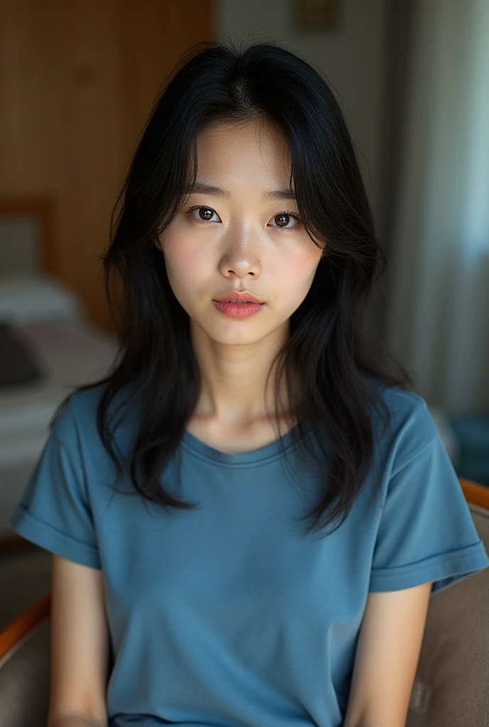 27-year-old Chinese woman wearing a blue t-shirt sitting on her bedroom chair taking a selfie