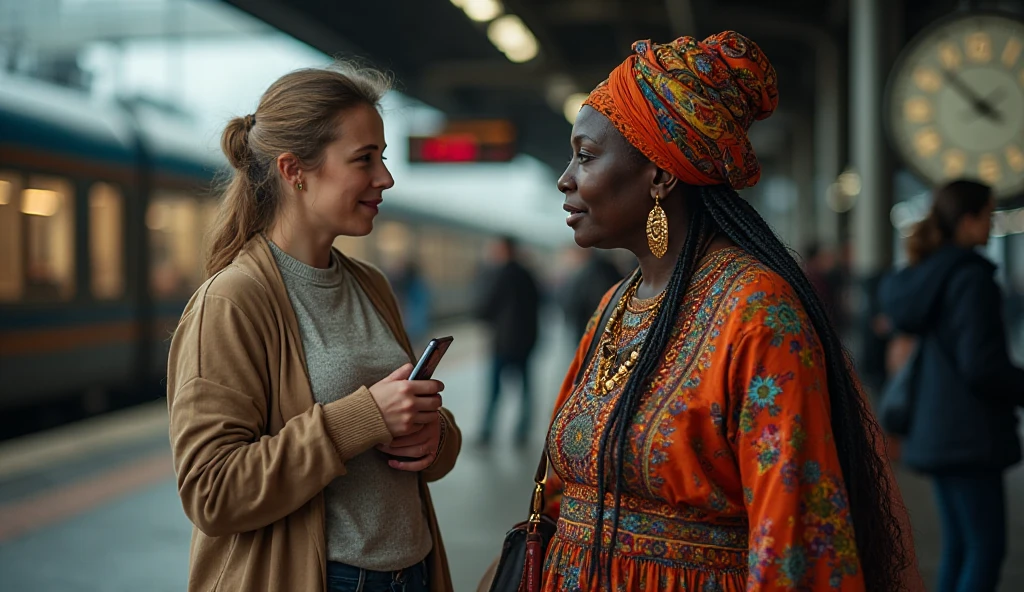 A realistic photo of two women talking at a train station. The woman on ...