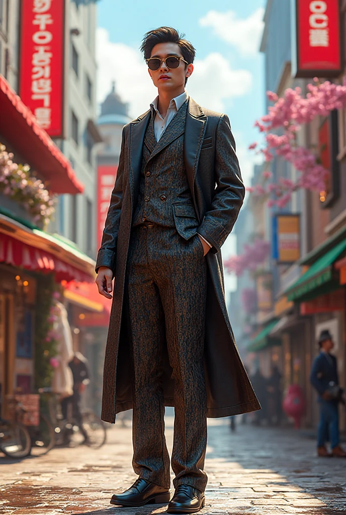  mature daddy, tanned-skin, big bulge, stubble, muscular, mystery detective, foggy city street, trench coat, inquisitive glance