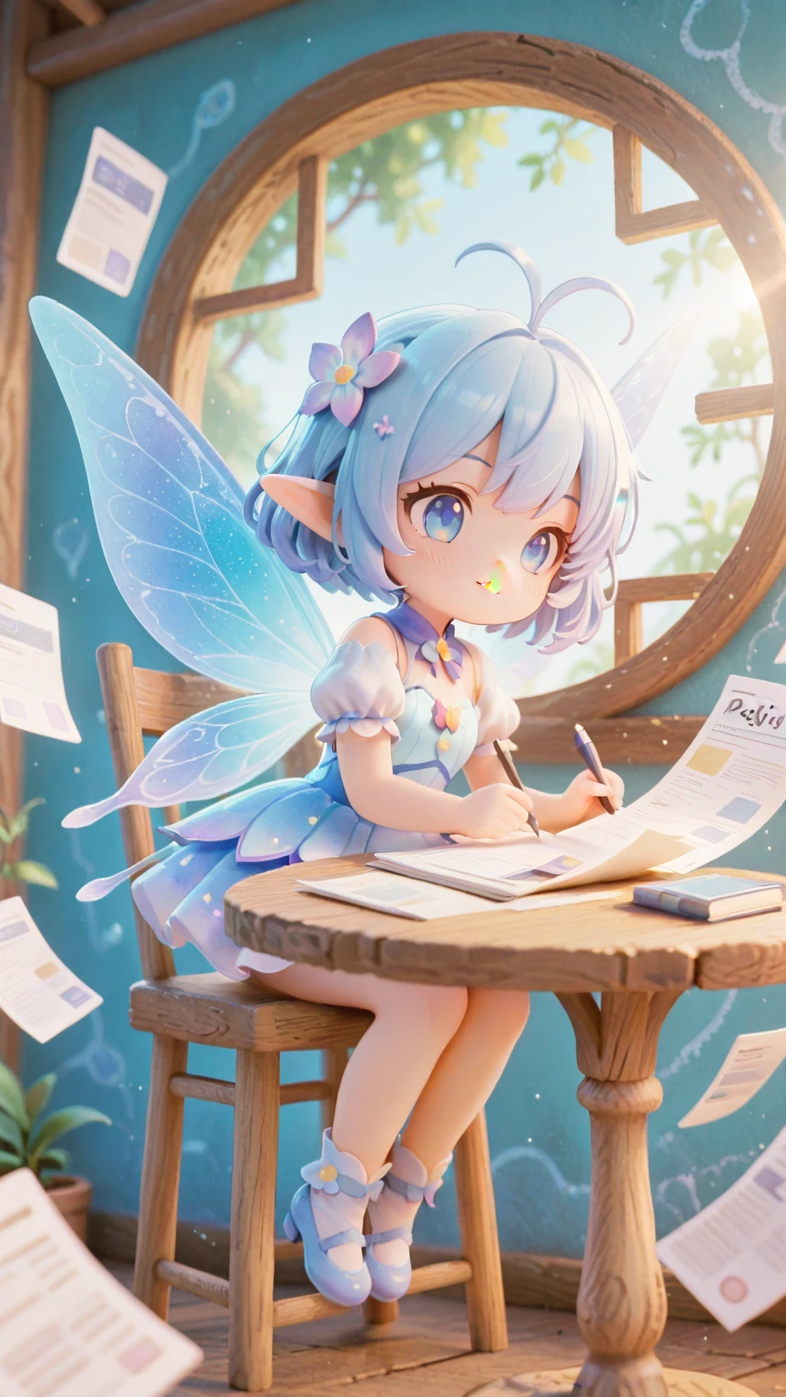 (detailed description) (best quality) A4 dimension image of the full colored alphabet for child in the upper left corner a colorful drawing of a fairy flying joyful pointing to the alphabet, in the upper right a blue butterfly with cheerful face flies, in the background a realistic field of tulips --auto --s2