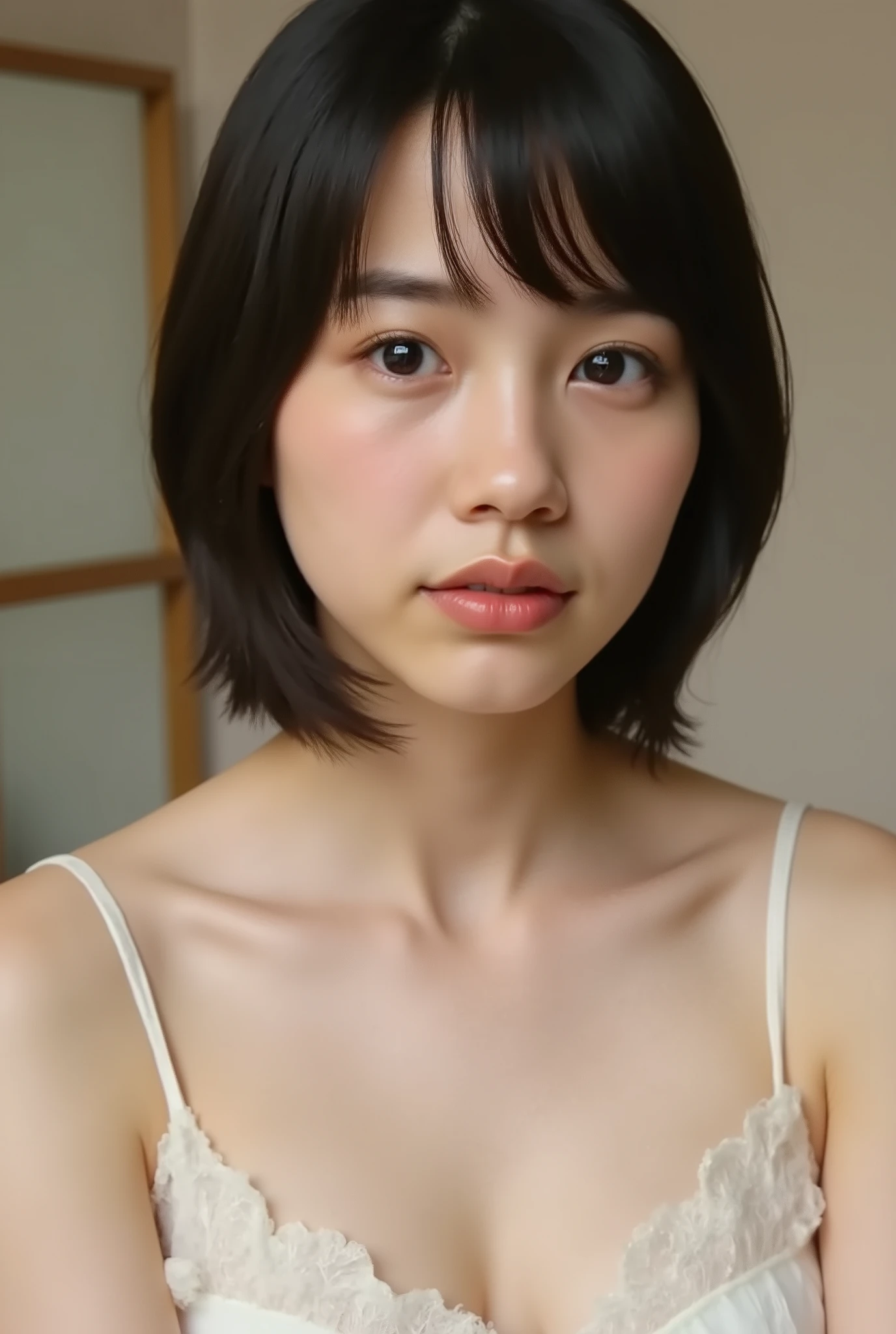 (( premium quality, 8k )), ((masterpiece)), ( details), 、dark hair, Japanese girls, first-person view ,One Woman, a plump woman, petite woman , sexy,( full nude, in the bedroom),((( Super Giant Bust , full nude, beautiful breasts, short bob hair , dark hair))), ((dark hair, full nude)) , (( No decoration, no accessories, without makeup ))