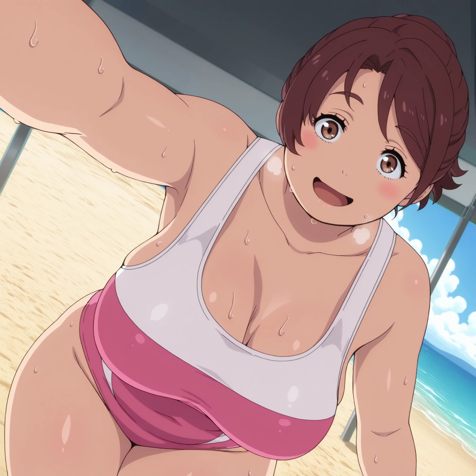 Anime Cell Style,torino_kazami, Best Quality, High resolution, 1girl in, (gigantic breasts:1.5), (hunging breasts:1.3),(sagging breasts:1.4),(bikini pull down:1.5),(torino_kazami,maturefemale,huge-breasted,Brown hair,Brown eyes,Upstyle,lipsticks), (chubby,Plump:1),maturefemale, (Beach), Large crowds、(PINK Bikini:1.5)、Open your mouth, happy smile,(open towel:1.4)