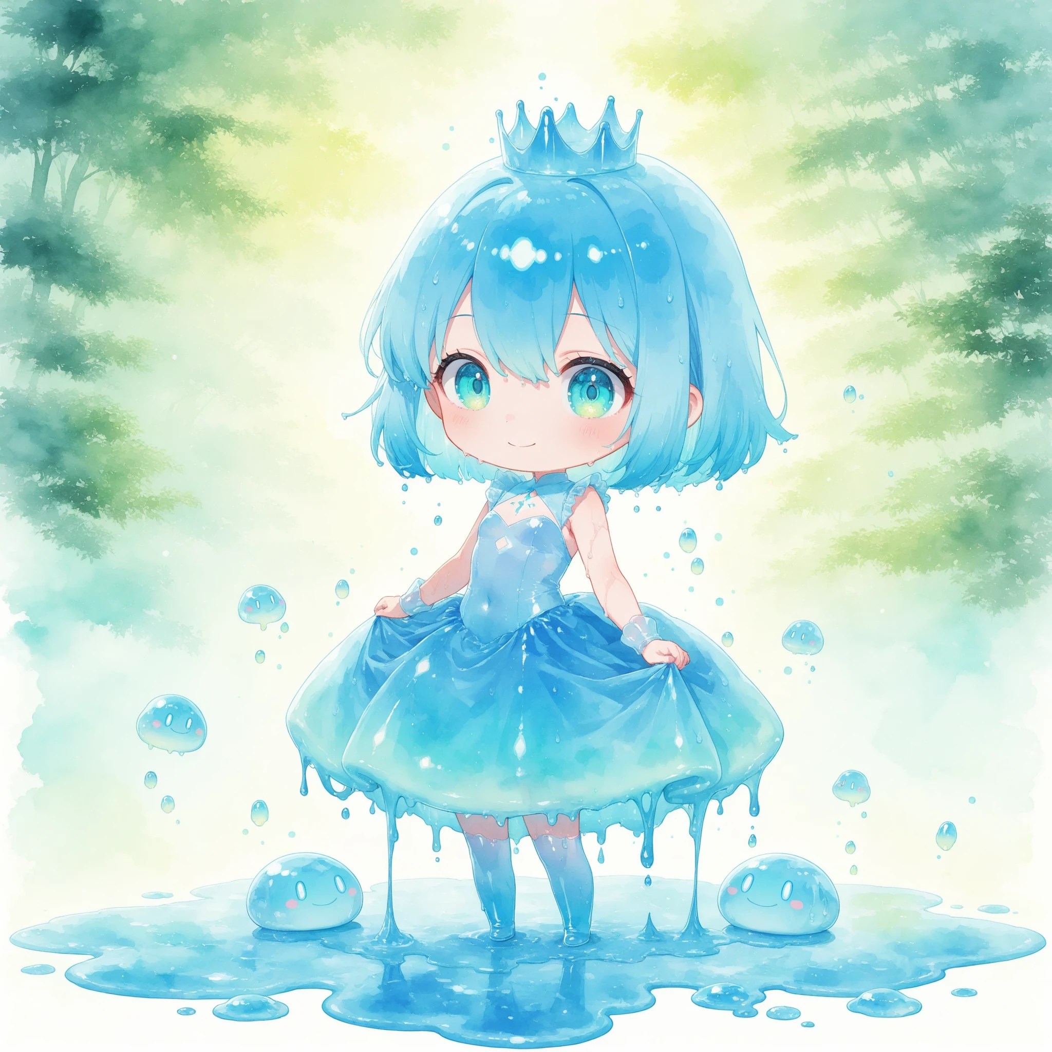 chibi anime girl slime queen boss standing in a quiet beginner village field,
pastel blue translucent jelly body with elegant glowing patterns,
regal confident posture, overwhelming presence,
gentle smile but intimidating aura,
soft watercolor village background, tiny huts far behind,
glossy wet highlights, floating jelly particles
