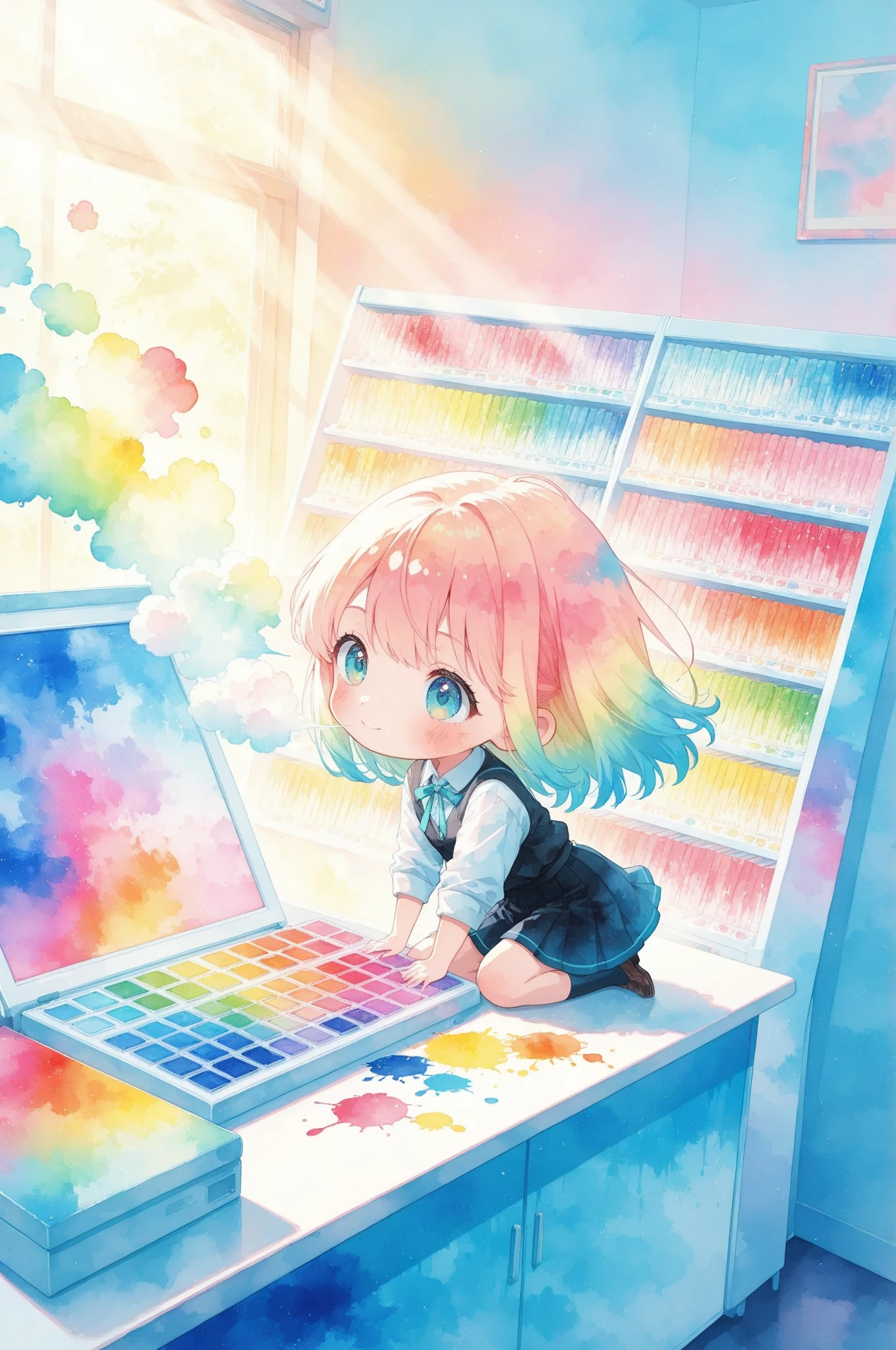 chibi anime girl,glossy watercolor aesthetic,stylish high school girl leaning near a DJ booth inside a record shop in Shibuya, colorful vinyl covers behind her, sunlight filtering through dusty air, layered acrylic strokes, thick paint texture, warm nostalgic color palette