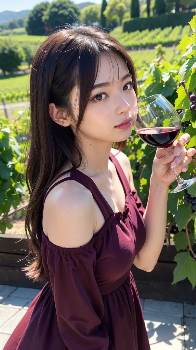 (Masterpiece, BestQuality:1.3), (ultra detailed:1.2), (hyperrealistic:1.3), (RAW photo:1.2),High detail RAW color photo, professional photograph, (Photorealistic:1.4), (realistic:1.4), ,professional lighting, (japanese), beautiful face, (realistic face), cute woman, (Big Breasts:1.5), (Smile:1.5), Trending Hair&Trending Hairカラーをランダムに, earrings, necklace, bracelet, sexly, erotic sexly, Random sexy gravure poses, ((((A beautiful brown-haired woman in a white summer dress、Smiling and posing sexily while enjoying a glass of wine at a garden party。:1.2), Beautiful location, (Detailed Background))