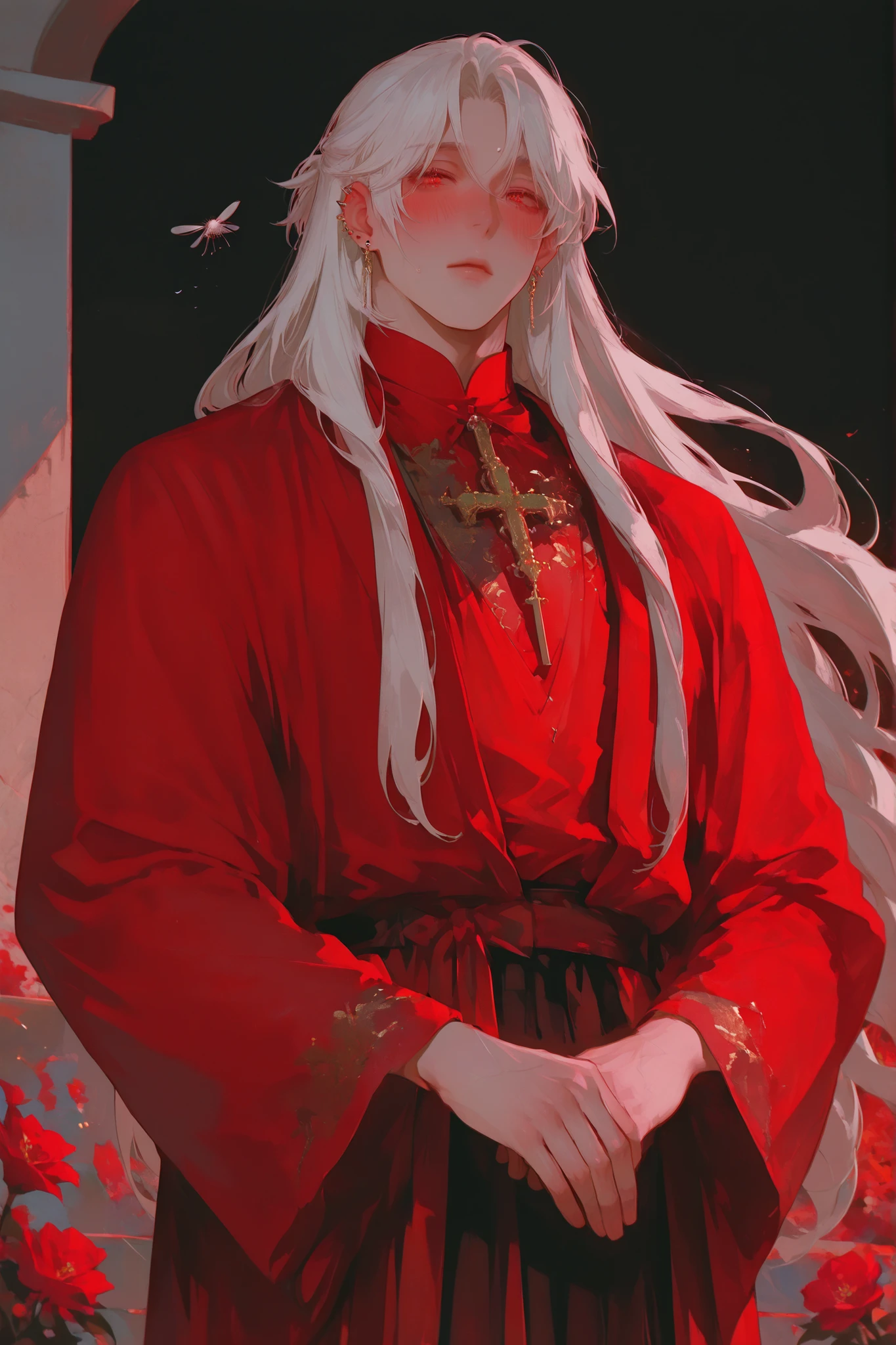  (Only a man) a chubby man, very long white hair flies gently,   Young man Beautiful Face , shirt,  beautiful male body,    soft skin ,  ruby eyes,  soft body    ,large pectoral muscles ,  Toned hips , slightly bowed,  Blushing cheeks ,Confused expression,  wearing an evening dress  , dress , red robe. temple background, High wind , with hands resting on chest. flowers in hair , ear piercings. Gemstone Jewelry. 