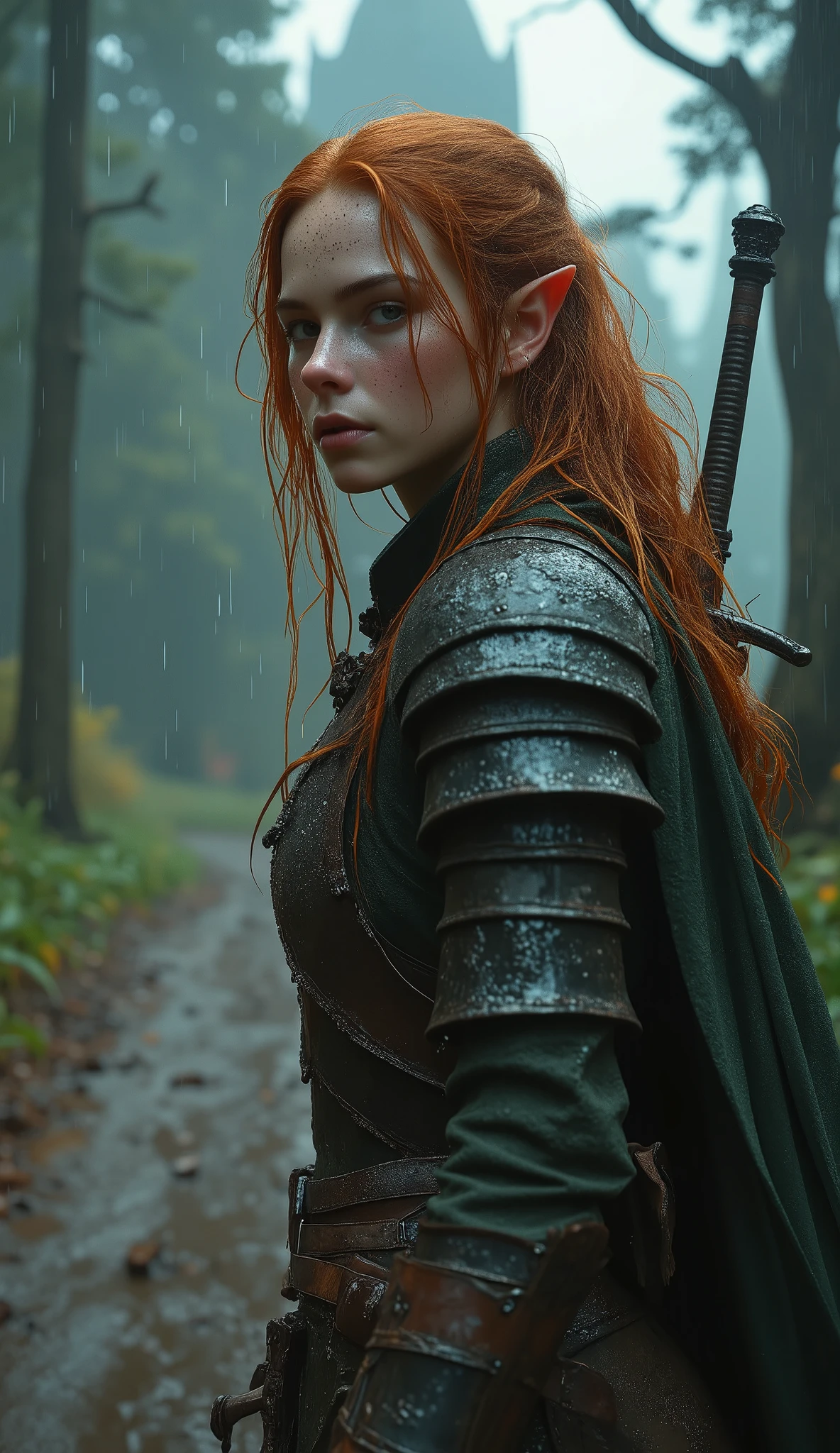 Photorealistic candid shot of a fierce young elven ranger woman walking toward the viewer along muddy forest road in heavy pouring rain, captured in dynamic three-quarter view from front-side angle like accidental paparazzi photo, (she is slightly turned to the side and looking ahead or slightly away, not at camera), natural tense expression, long pointed elf ears prominently visible, pale freckled skin covered in raindrops, no makeup, long wet fiery red hair messy and windblown with strands plastered to face and neck, wearing practical worn medieval leather armor with weathered steel shoulder plates bracers and knee guards only, dark green full-length hooded cloak completely soaked and clinging heavily, fabric wet and heavy, water streaming down everything, athletic female body shape visible under wet clothes, ONLY one longsword in battered leather scabbard strapped diagonally across her back with hilt clearly protruding over right shoulder, NO weapons in hands, NO additional swords daggers or weapons on belt or anywhere else, hands empty and natural, thick fog, distant medieval castle barely visible through mist, moody overcast lighting with dramatic rim light, ultra realistic wet textures mud and rain, photorealistic 8k, gritty style like Kingdom Come Deliverance or The Witcher 3