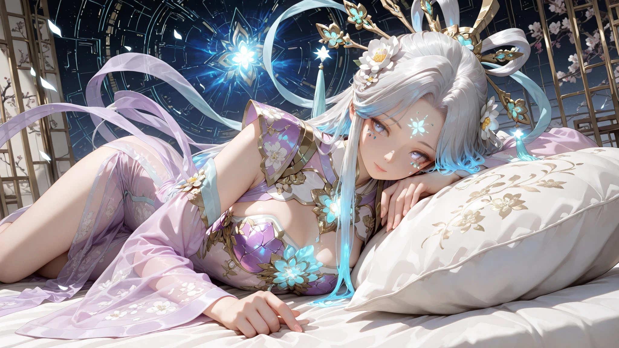 (masterpiece, detailed:1.2),best quality,ultra high res,photorealistic,8K UHD,hyper-detailed, highres, 8k wallpaper, ultra highres, divine mother figure, flowing silver hair with subtle blue highlights, gentle knowing eyes, nurturing expression, neo-hanfu design, translucent fabric with circuit patterns, Tyrian Irisation: When Imperial Purple Dissolves into Celestial Arcs, floral print, gem, transparent hanfu, headgear, jewelry, hair flower, facial mark, long sleeves, detached sleeves, long hair, forehead mark, purple armor, wearing a ((gorgeous armor, glowing, chest plate, Futuristic Suit)), floating sleeve panels, bio-luminescent embroidery, advanced dynasty aesthetic, crystalline hair ornaments, elegant posture, motherly protective aura, futuristic celestial palace background, energy wisps, digital plum blossoms, serene atmospheric lighting, goddess-like presence, ((lay on pillows))