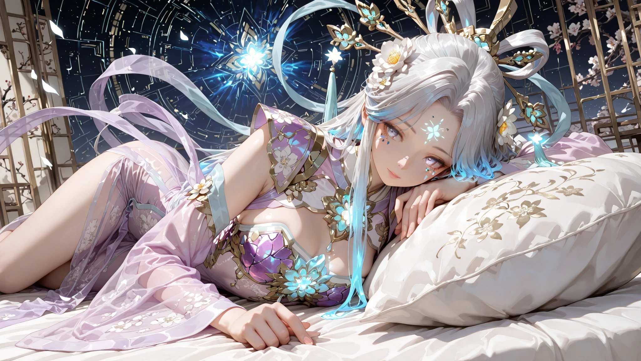 (masterpiece, detailed:1.2),best quality,ultra high res,photorealistic,8K UHD,hyper-detailed, highres, 8k wallpaper, ultra highres, divine mother figure, flowing silver hair with subtle blue highlights, gentle knowing eyes, nurturing expression, neo-hanfu design, translucent fabric with circuit patterns, Tyrian Irisation: When Imperial Purple Dissolves into Celestial Arcs, floral print, gem, transparent hanfu, headgear, jewelry, hair flower, facial mark, long sleeves, detached sleeves, long hair, forehead mark, purple armor, wearing a ((gorgeous armor, glowing, chest plate, Futuristic Suit)), floating sleeve panels, bio-luminescent embroidery, advanced dynasty aesthetic, crystalline hair ornaments, elegant posture, motherly protective aura, futuristic celestial palace background, energy wisps, digital plum blossoms, serene atmospheric lighting, goddess-like presence, ((lay on pillows))